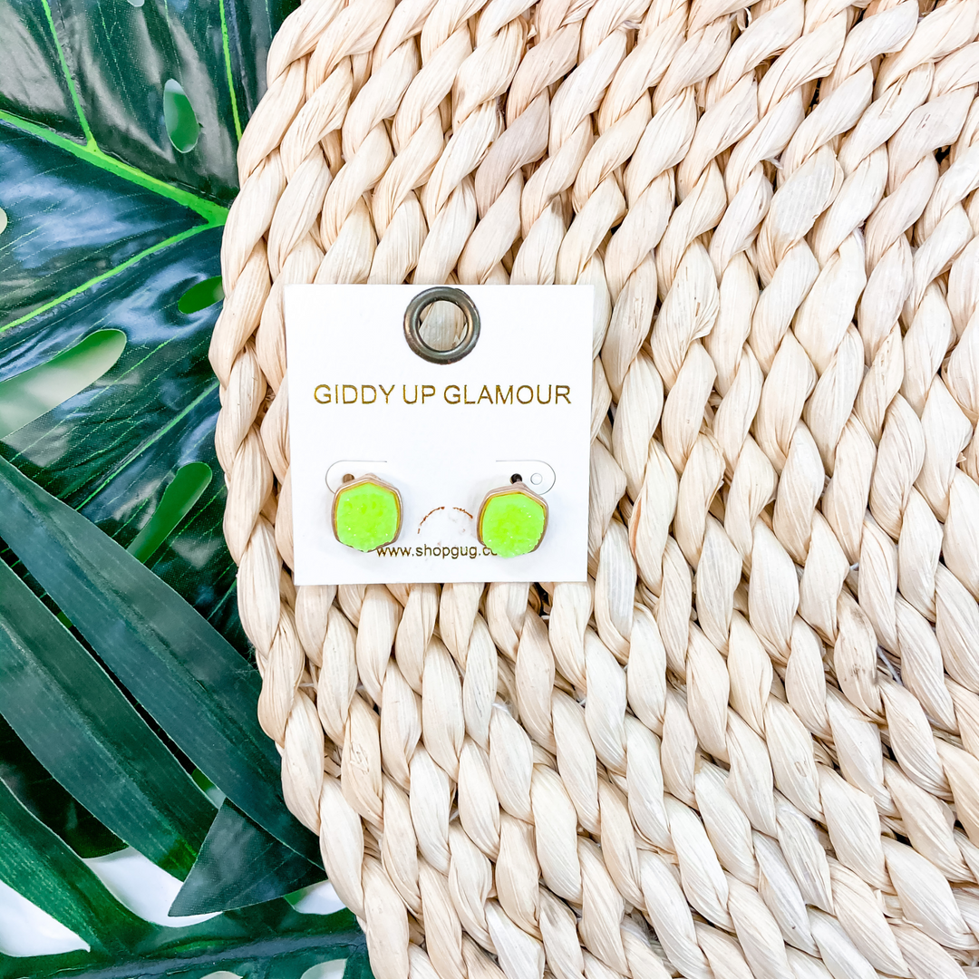 Druzy Hexagon Post Earrings in Yellow - Giddy Up Glamour Boutique
