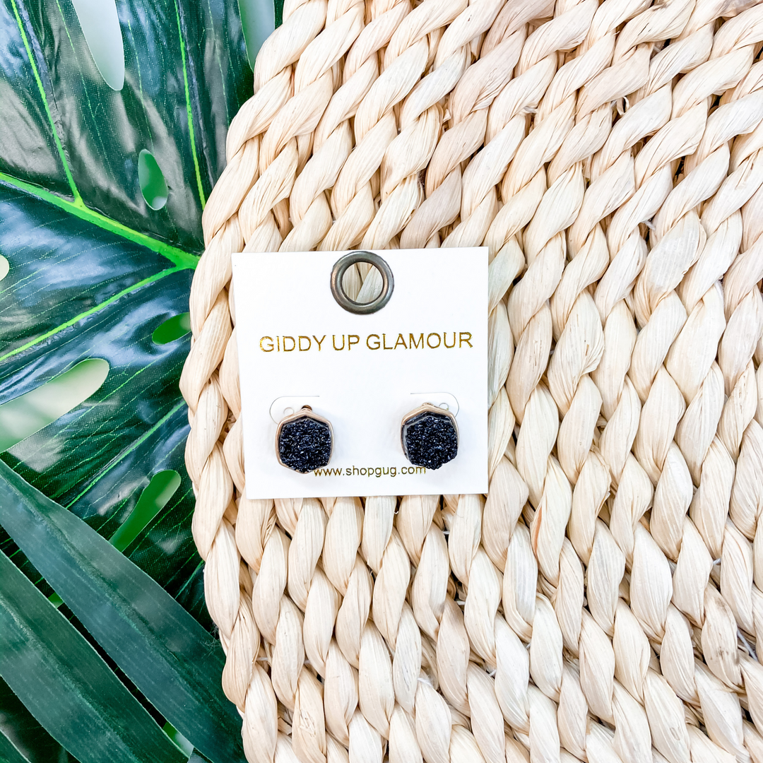 Druzy Hexagon Post Earrings in Black - Giddy Up Glamour Boutique