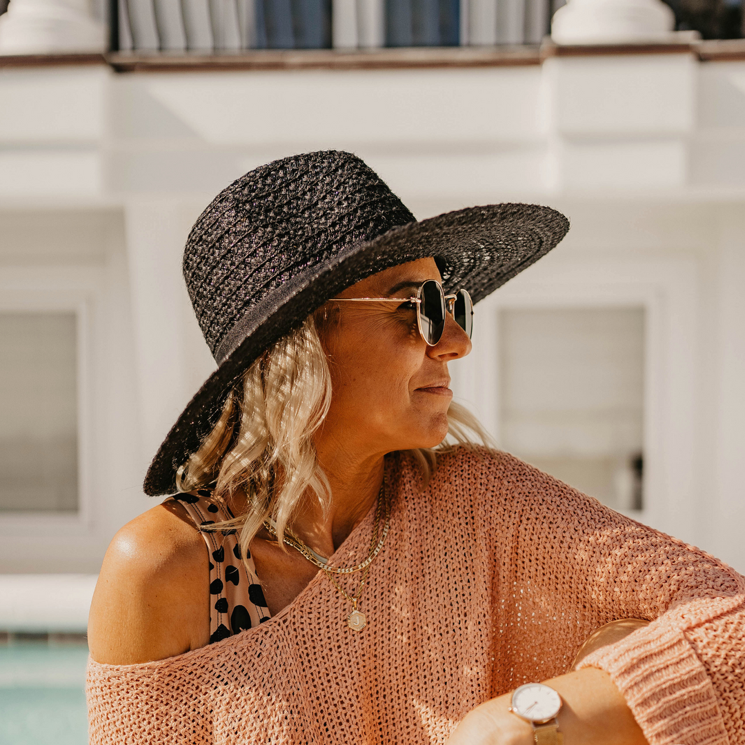 Throwing Shade Wide Brim Hat with Black Band in Black - Giddy Up Glamour Boutique