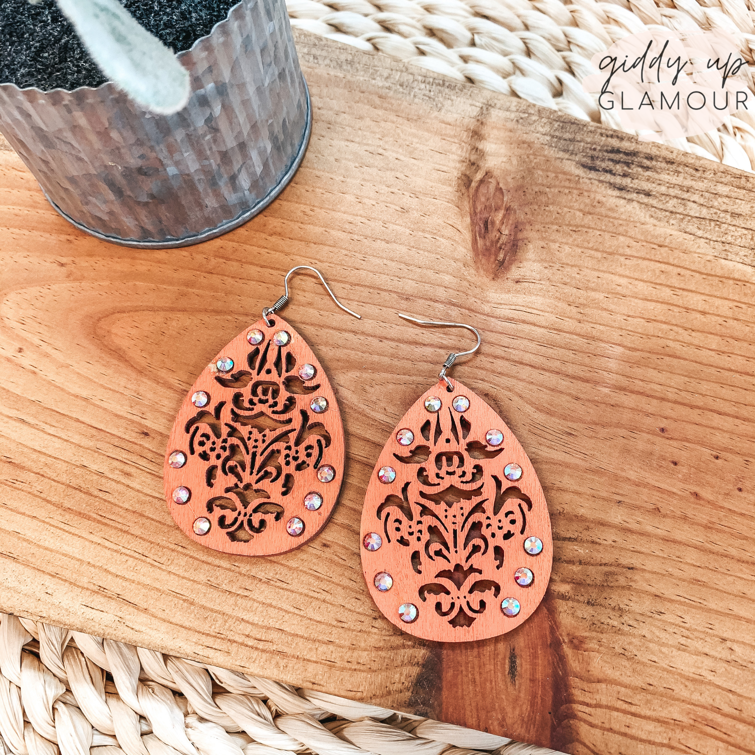 Chic Wooden Teardrop Earrings in Coral with AB Crystal
