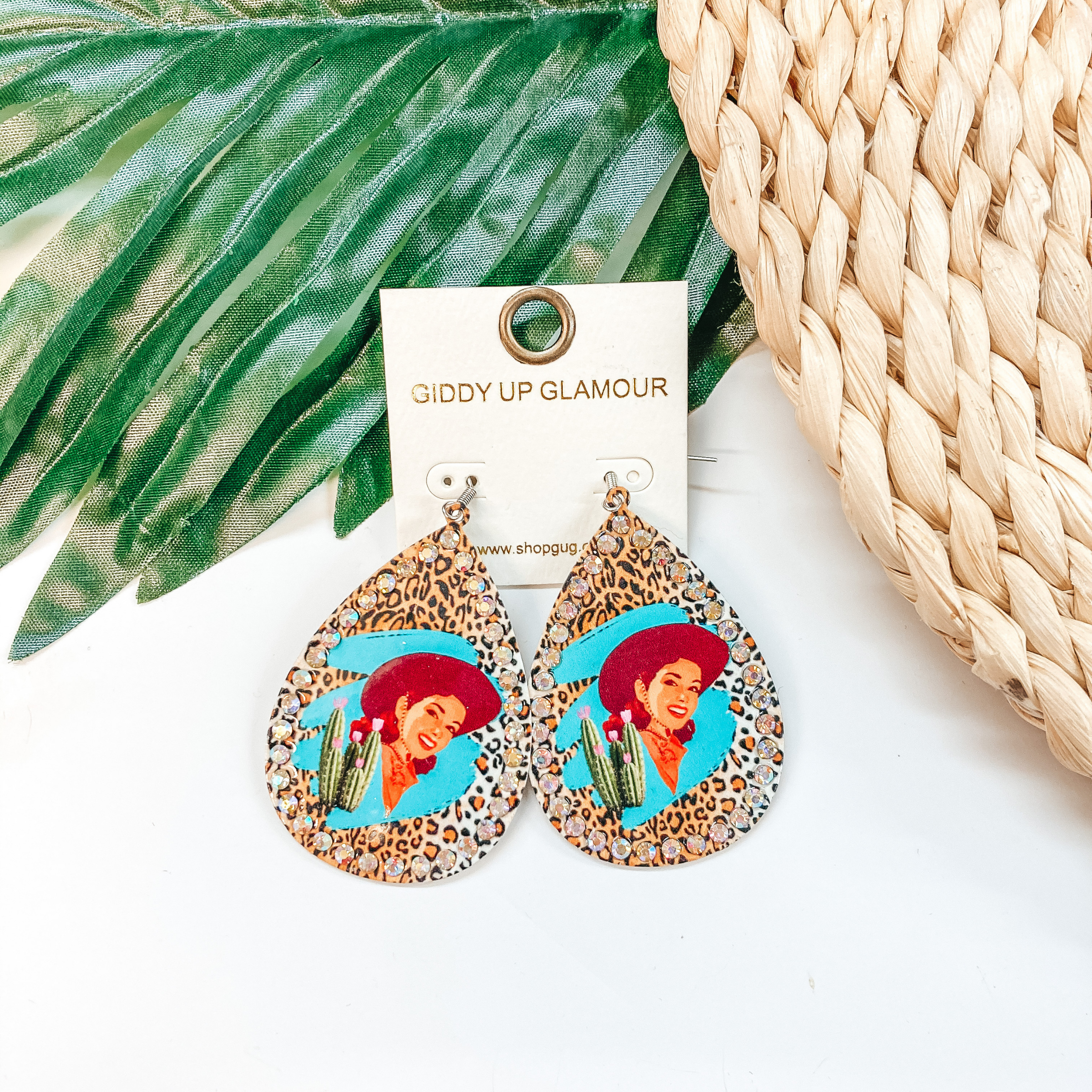 Western Daze Metal Teardrop Cowgirl Earrings With Crystals in Light Leopard Print and Turquoise Blue - Giddy Up Glamour Boutique