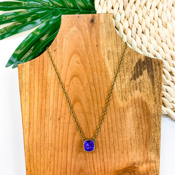 Pink Panache | Bronze Chain Necklace with AB Majestic Blue Cushion Cut Crystal - Giddy Up Glamour Boutique