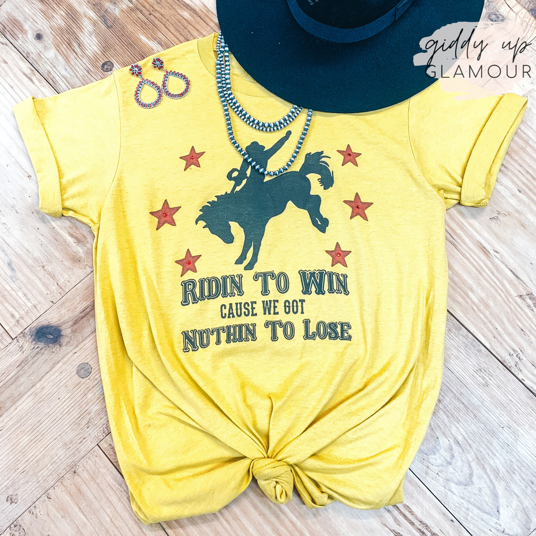 Ridin' To Win Bucking Horse Graphic Tee with Red Stars in Mustard Yellow - Giddy Up Glamour Boutique