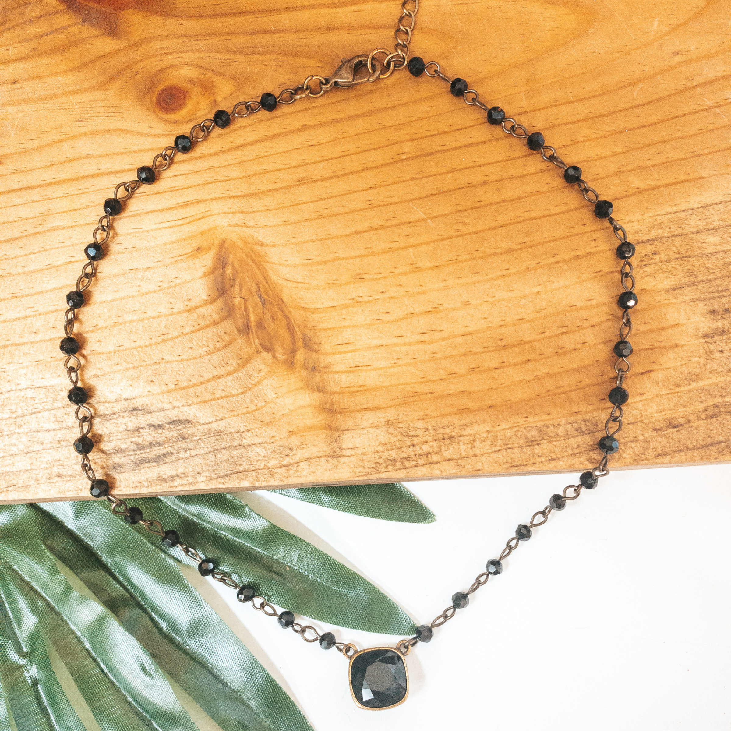Pink Panache | Black Crystal Linked Beaded Necklace with Cushion Cut Black Crystal in Black - Giddy Up Glamour Boutique