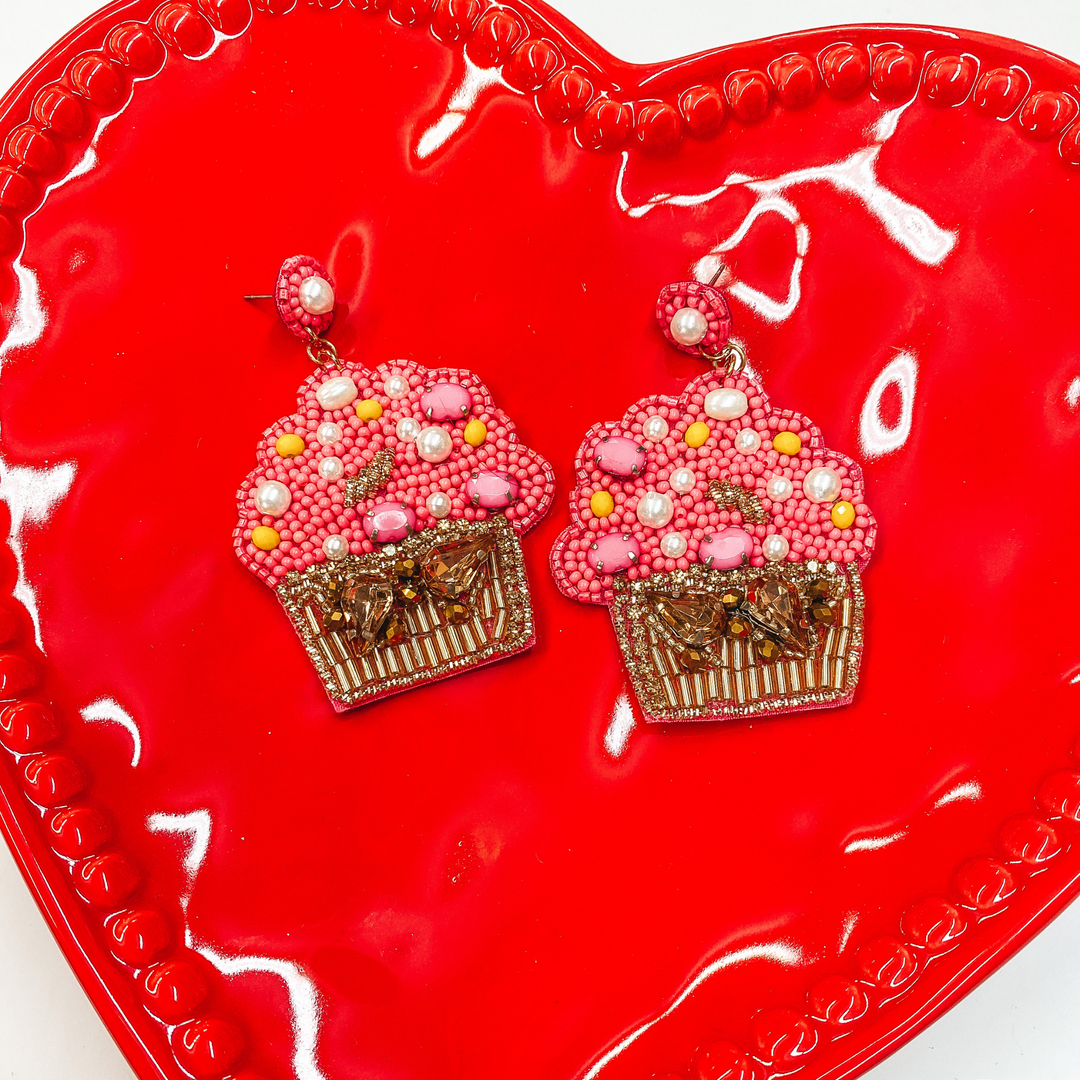Sweet Tooth Beaded Cupcake Earrings with Crystals in Pink - Giddy Up Glamour Boutique