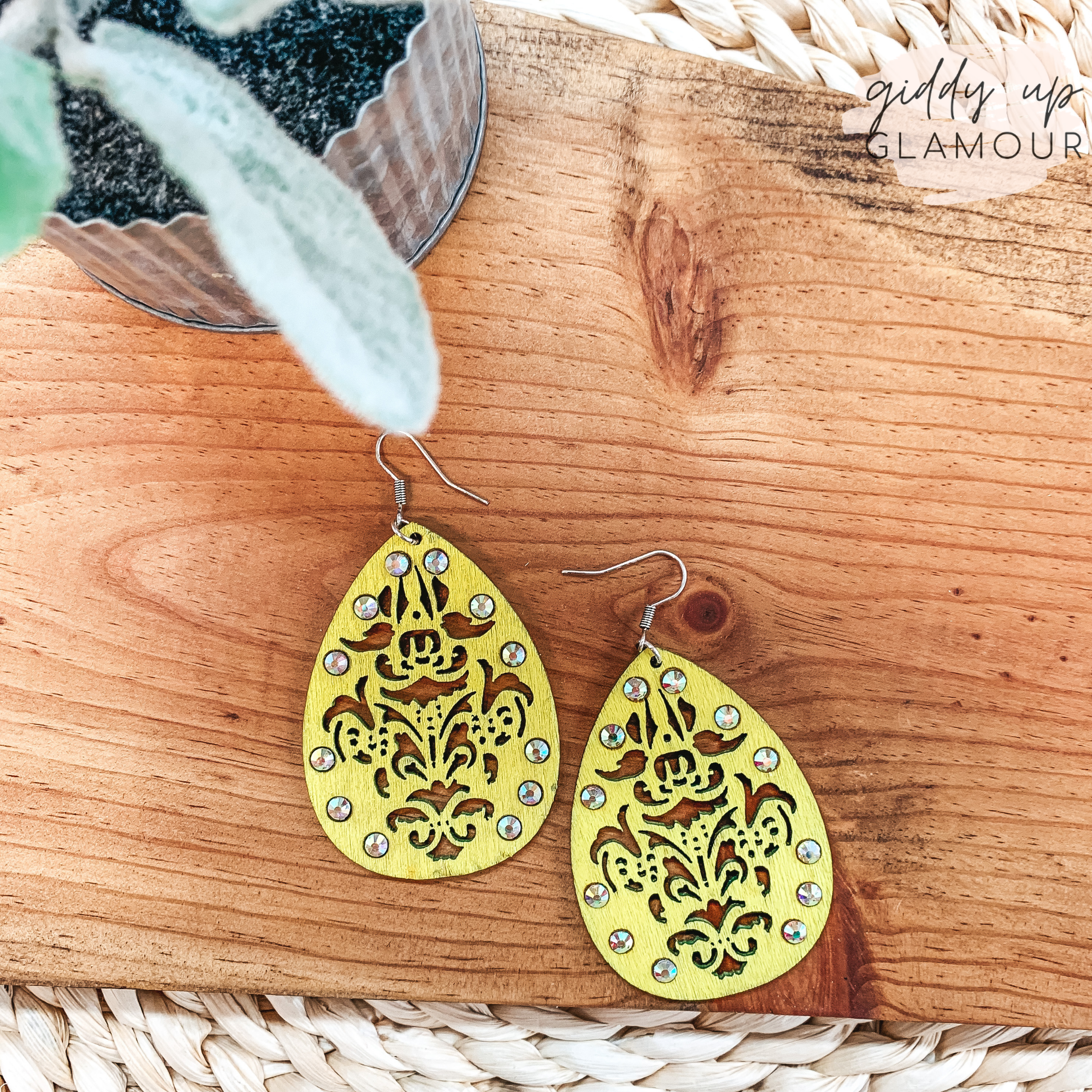 Chic Wooden Teardrop Earrings in Neon Yellow with AB Crystal - Giddy Up Glamour Boutique