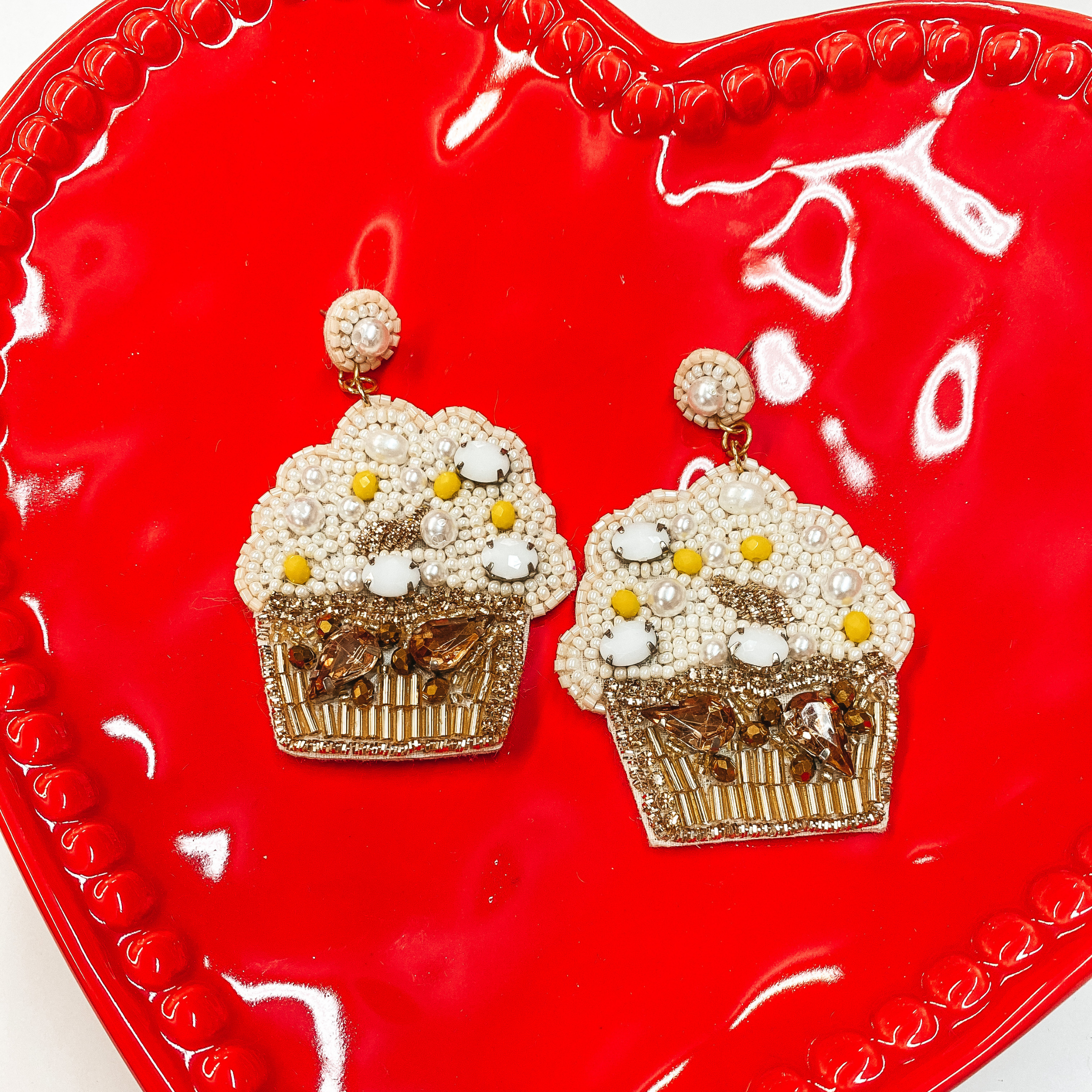 Sweet Tooth Beaded Cupcake Earrings  with Crystals in Ivory - Giddy Up Glamour Boutique