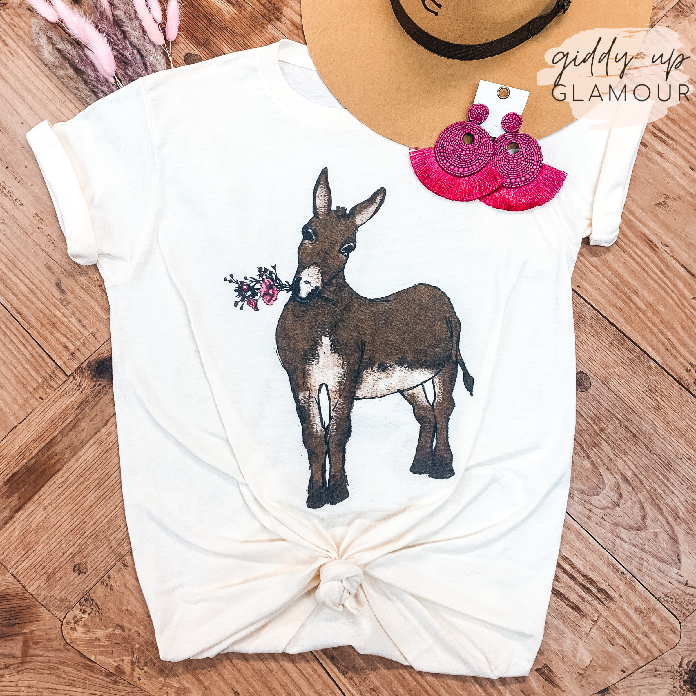 Bouquet Burro Graphic Tee with Pink Crystal Accents in Ivory