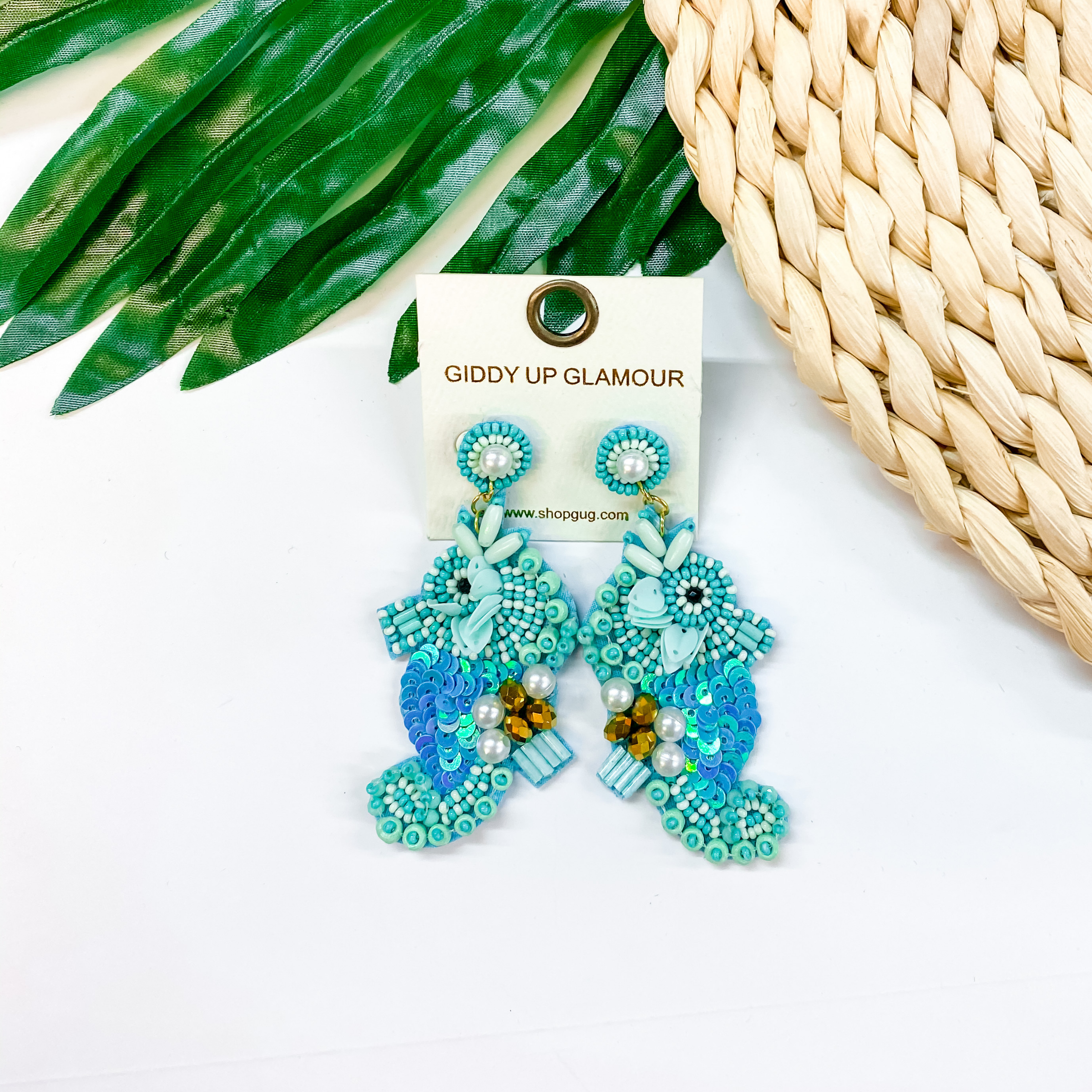 Seed Bead Sea Horse Earrings with Pearls in Turquoise - Giddy Up Glamour Boutique
