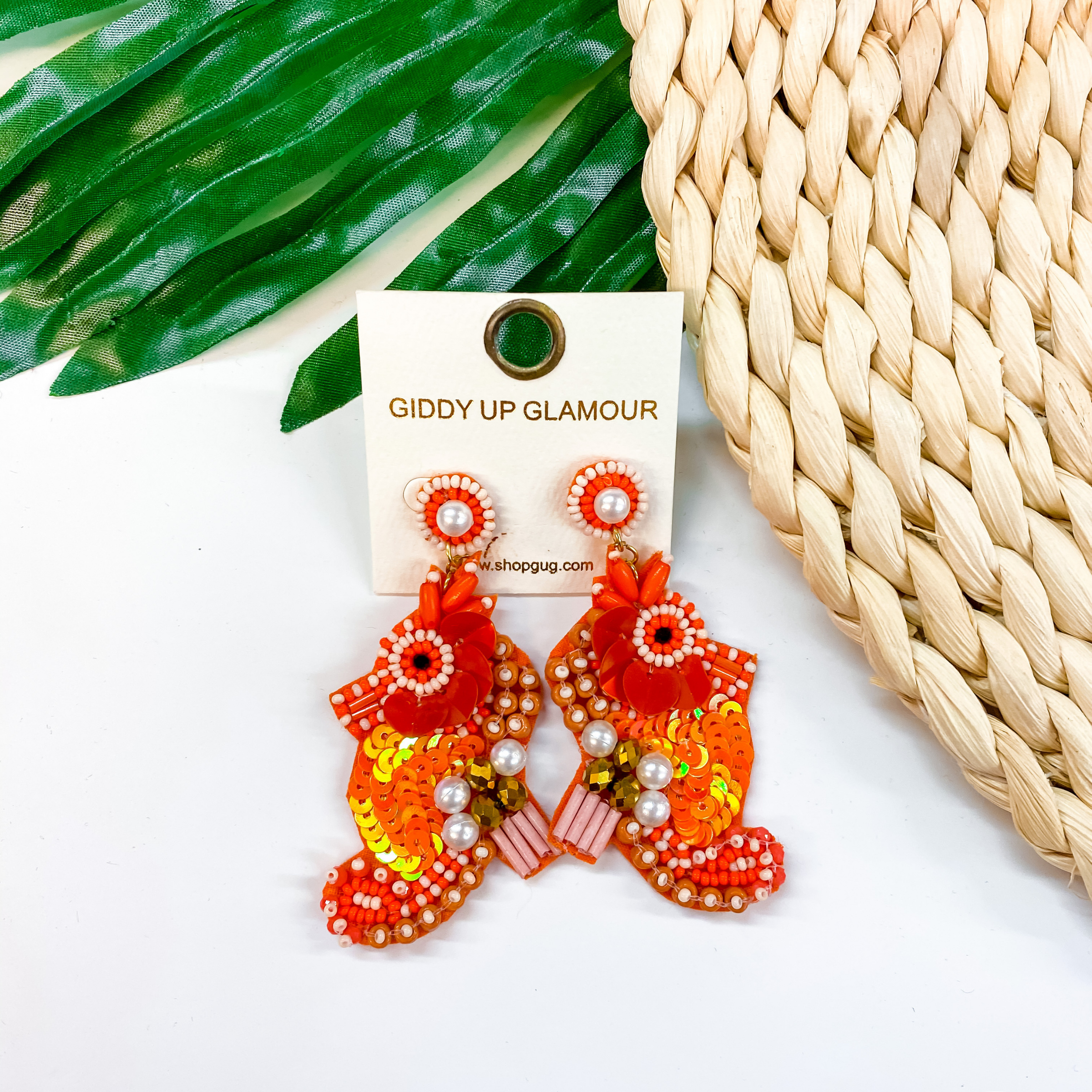 Seed Bead Sea Horse Earrings with Pearls in Orange - Giddy Up Glamour Boutique