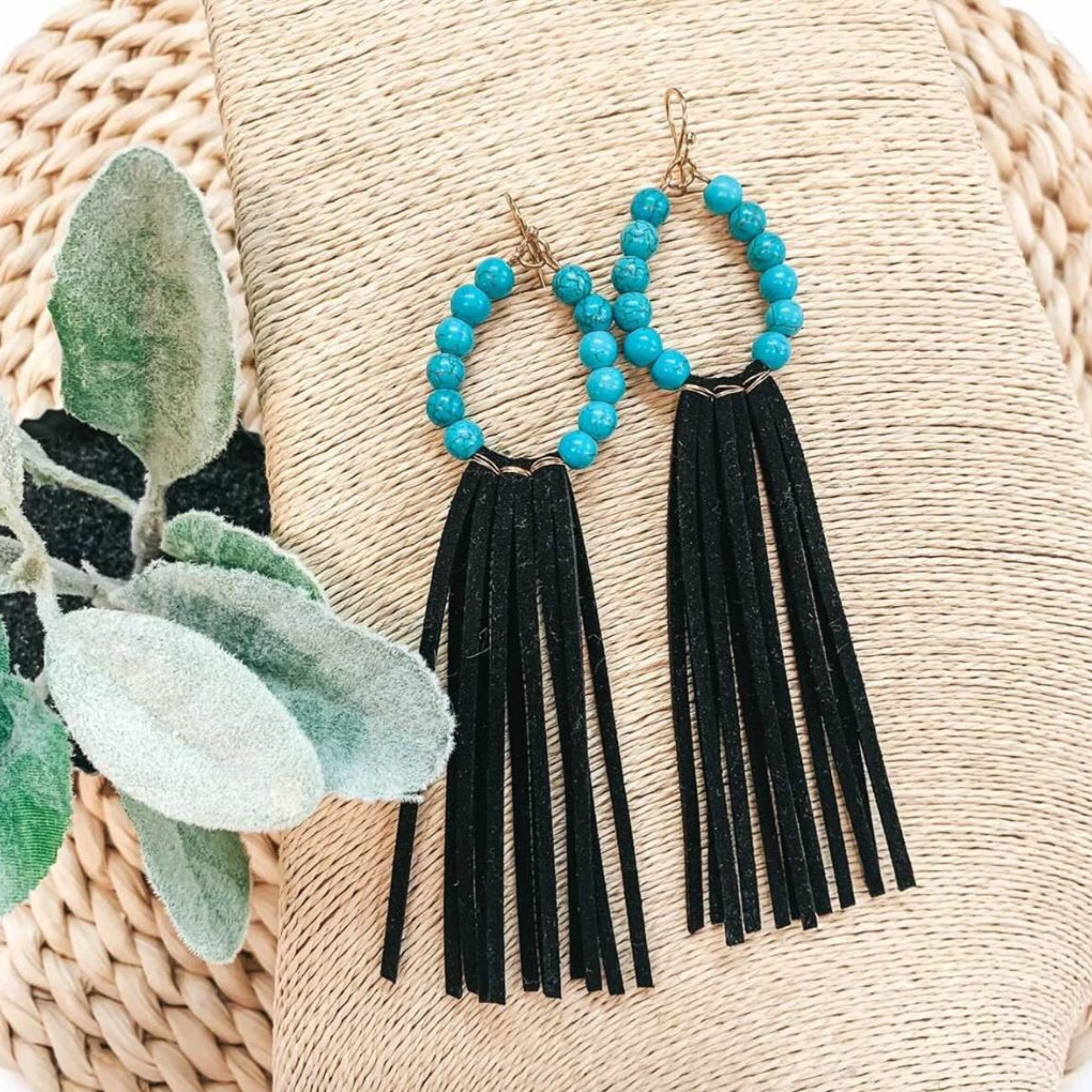 Turquoise Beaded Hoop Earrings with Black Tassels - Giddy Up Glamour Boutique