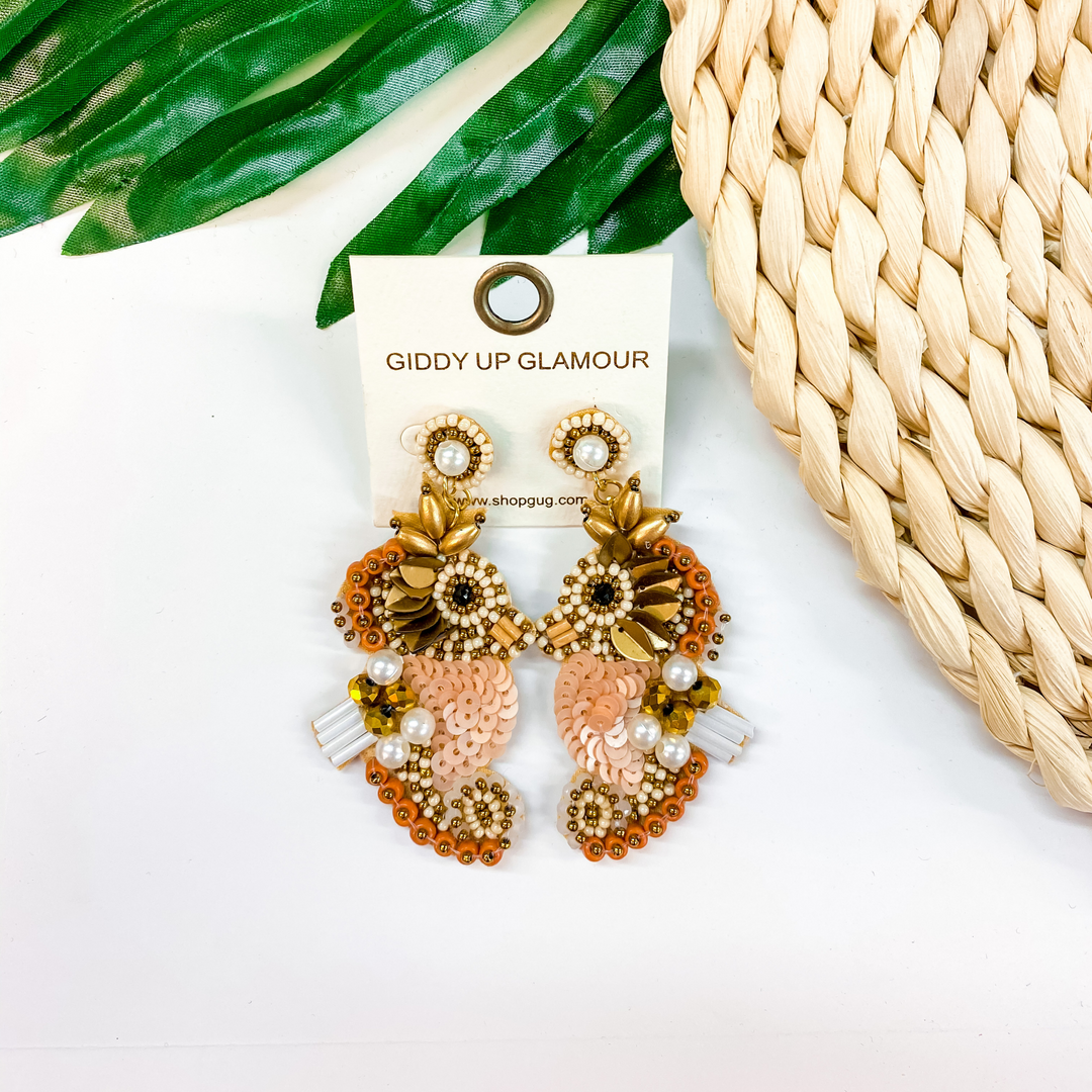 Seed Bead Sea Horse Earrings with Pearls in Corral - Giddy Up Glamour Boutique