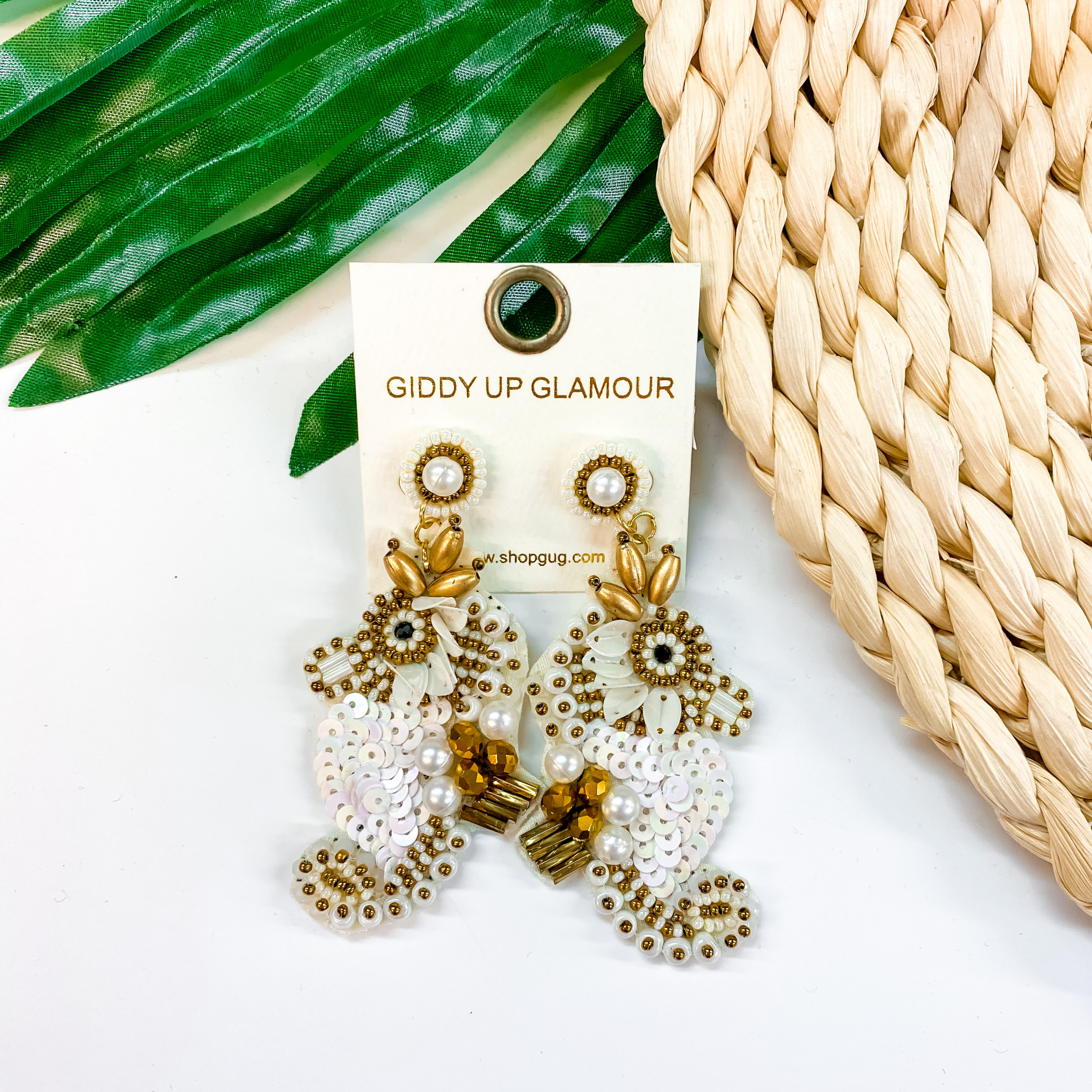 Seed Bead Sea Horse Earrings with Pearls in White - Giddy Up Glamour Boutique