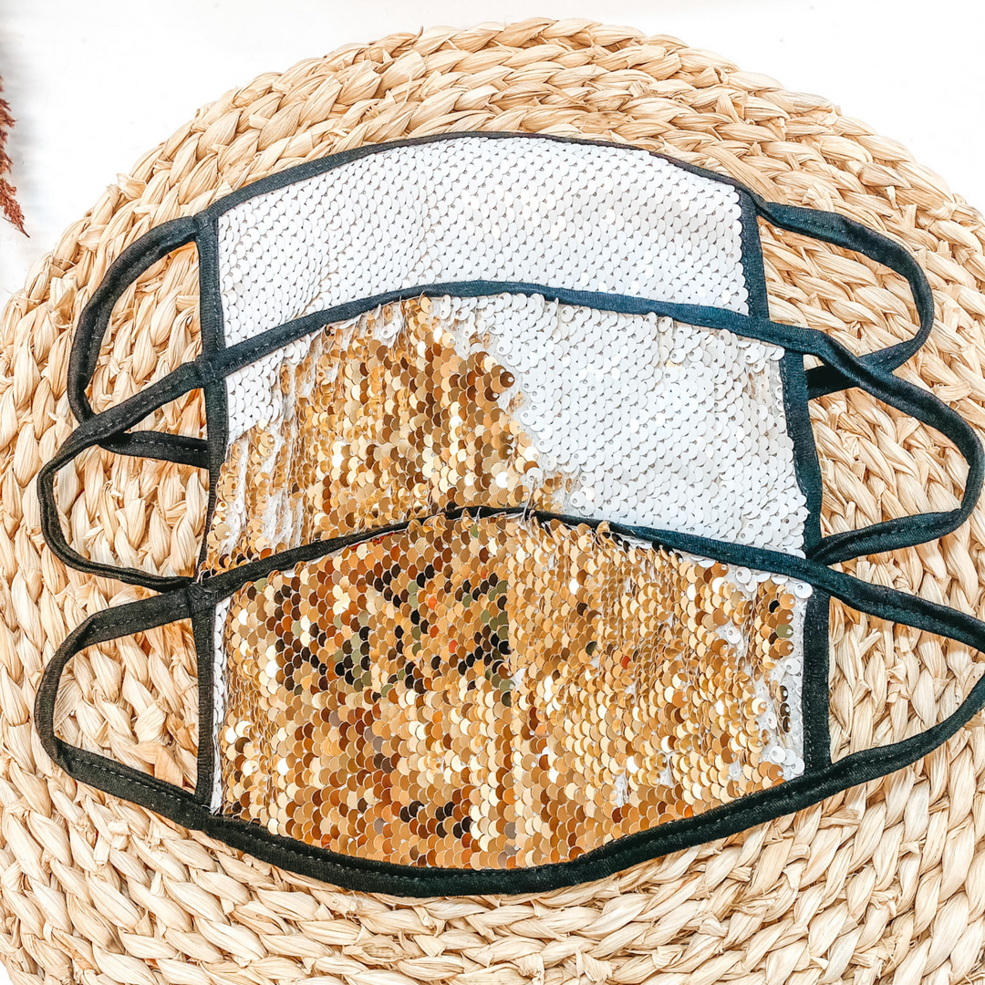 Can't Cover Style Sequin Face Covering in Gold and Ivory - Giddy Up Glamour Boutique