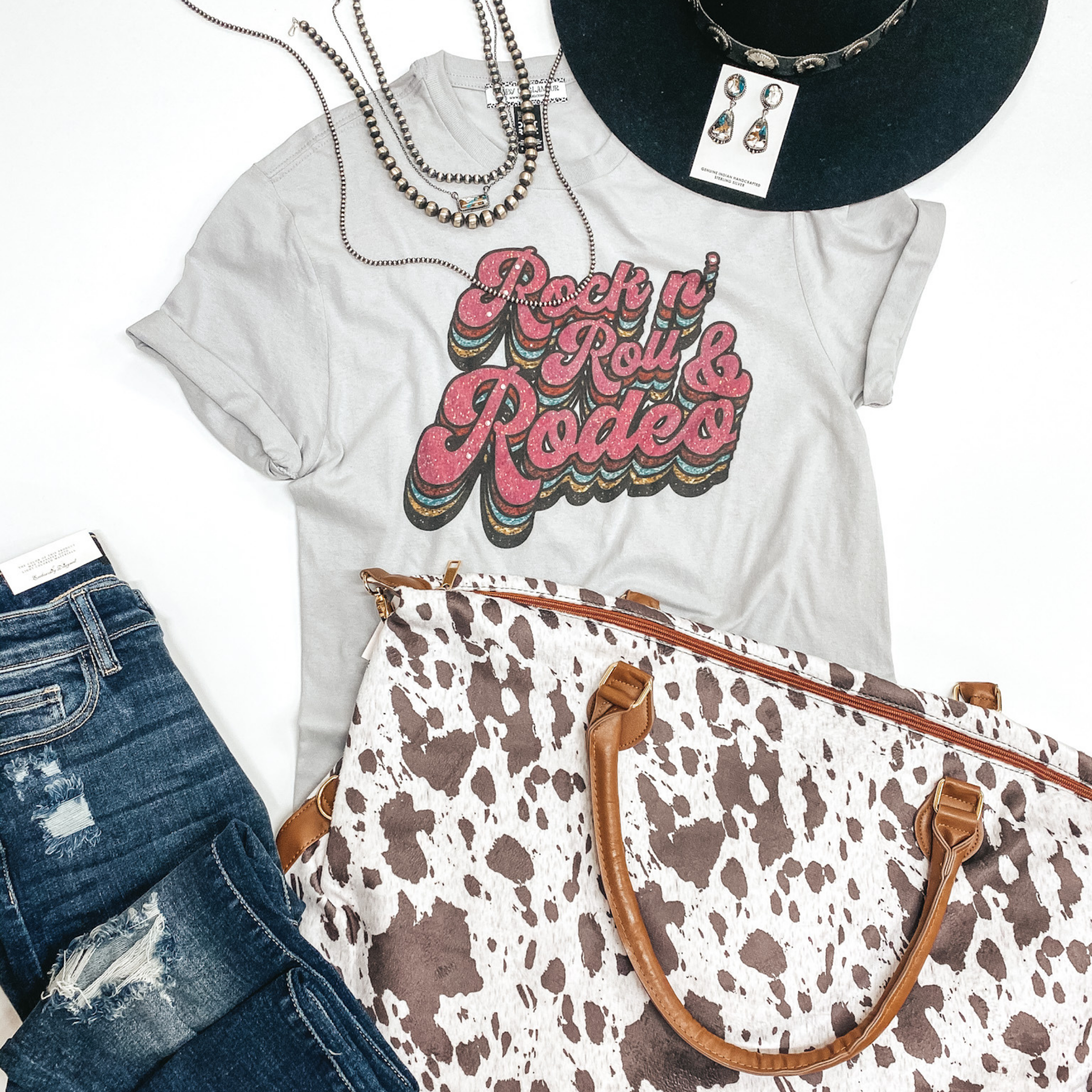 Rock N' Roll & Rodeo Retro Print Graphic Tee in Grey - Giddy Up Glamour Boutique
