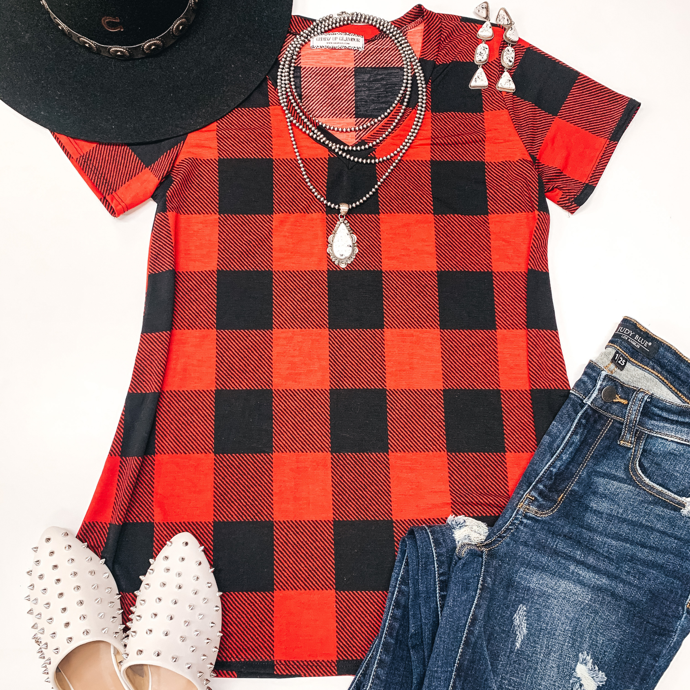 Keep Things Simple Buffalo Plaid V Neck Tee in Red - Giddy Up Glamour Boutique