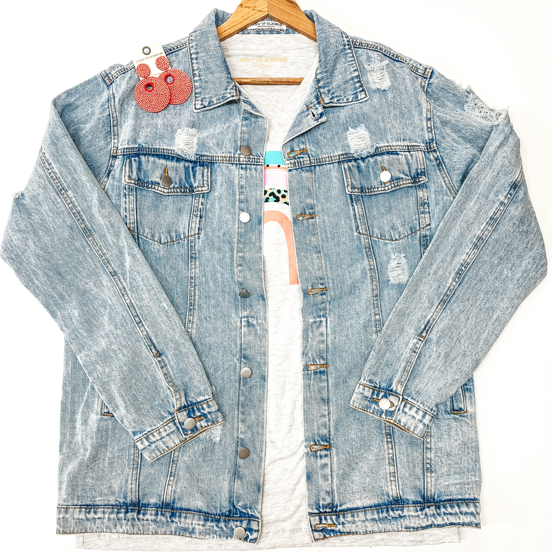 Plus Sizes | On The Road Distressed Button Up Denim Jacket in Light Wash - Giddy Up Glamour Boutique