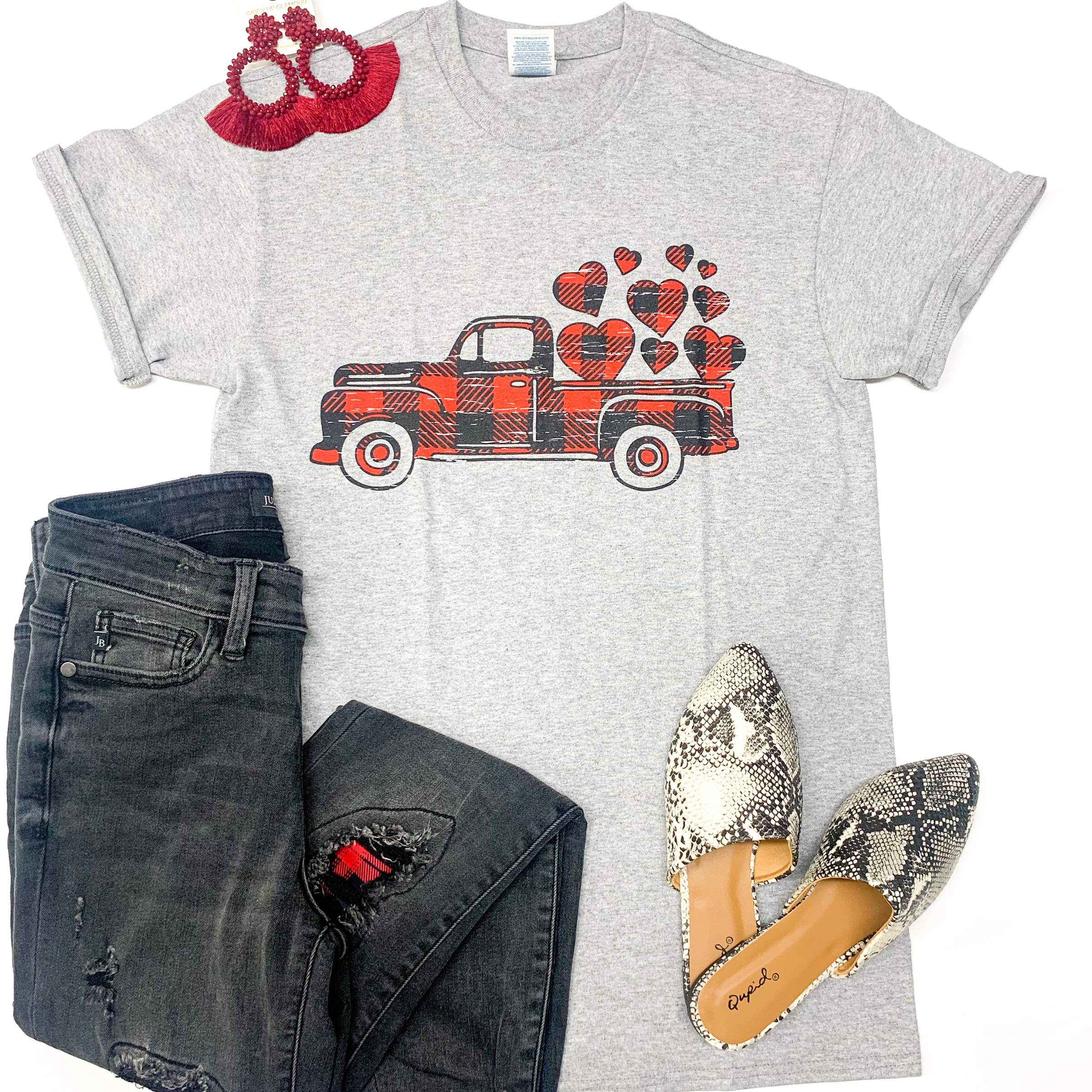 Take My Love For A Ride Buffalo Plaid Pickup Truck with Hearts Graphic Tee in Grey - Giddy Up Glamour Boutique