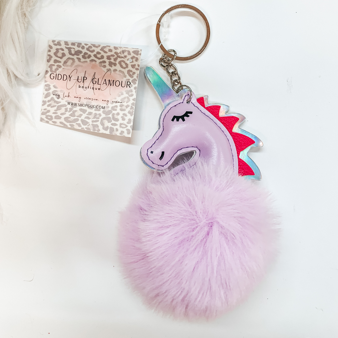Buy 3 for $10 | Purple Unicorn Puff Ball Keychain - Giddy Up Glamour Boutique