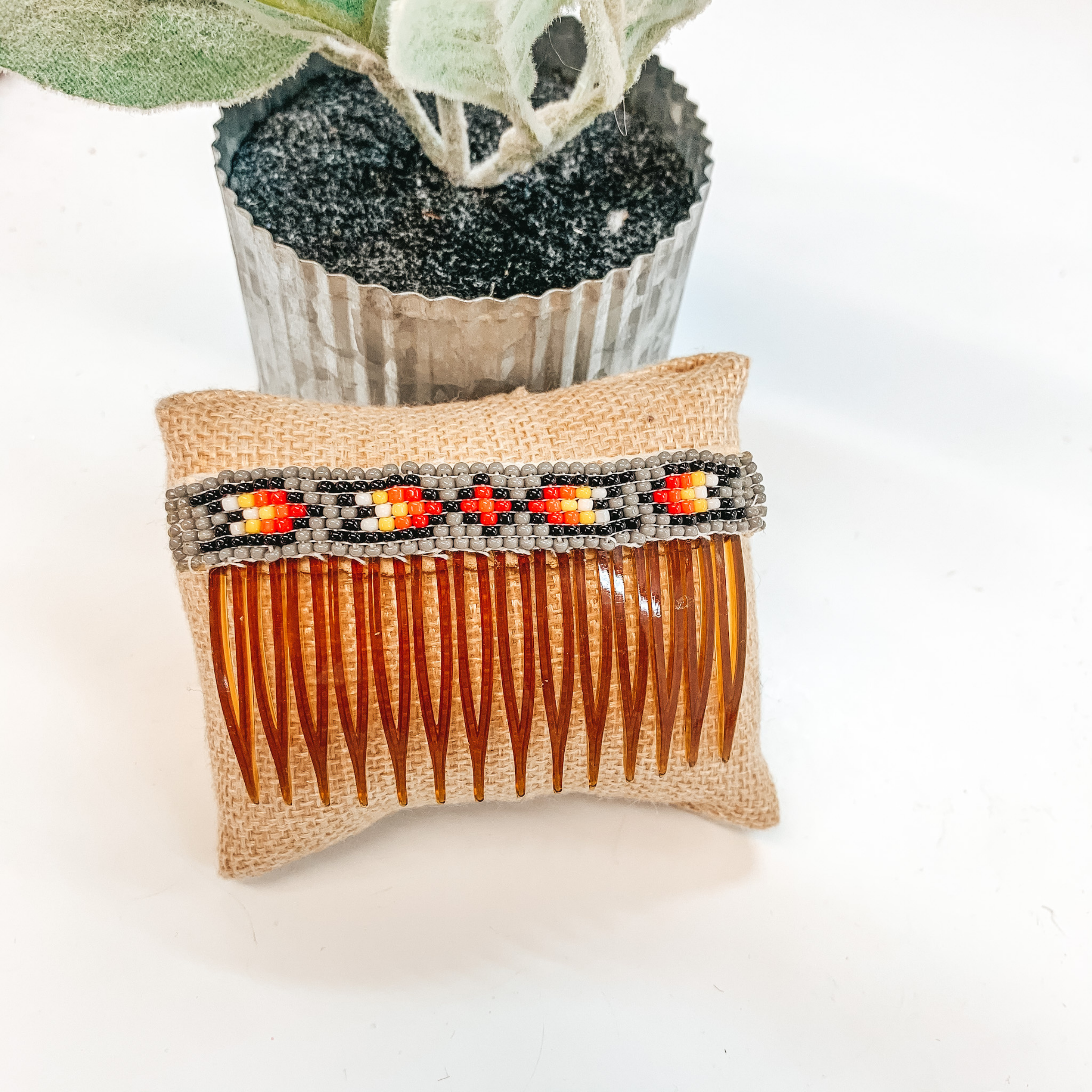 Louisse Yazzie | Navajo Handmade Aztec Beaded Navajo Hair Clip in Grey