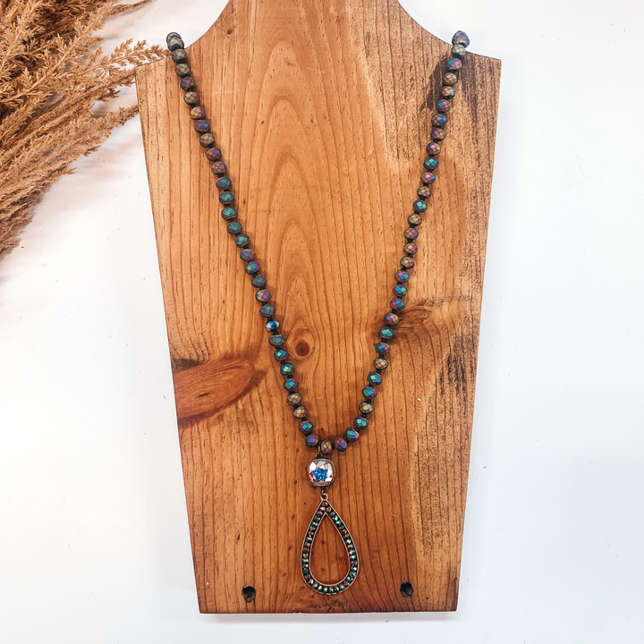 Pink Panache | Matte Rainbow Beaded Necklace with Bronze AB Cushion Cut Crystal Stud and Crystal Teardrop Pendant - Giddy Up Glamour Boutique