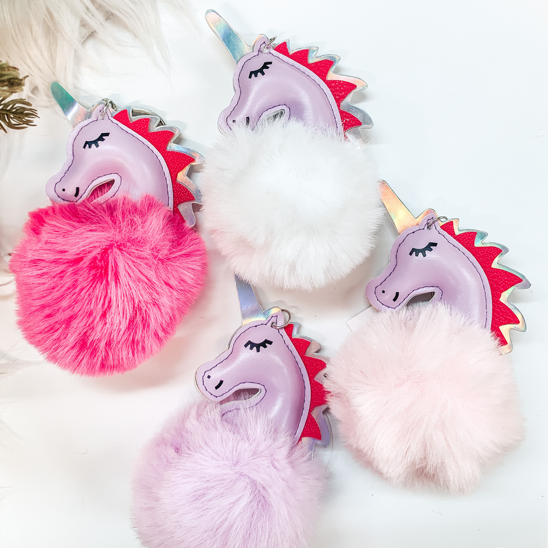 Buy 3 for $10 | Purple Unicorn Puff Ball Keychain - Giddy Up Glamour Boutique