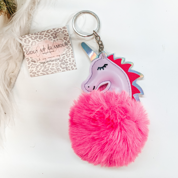 Buy 3 for $10 | Purple Unicorn Puff Ball Keychain - Giddy Up Glamour Boutique