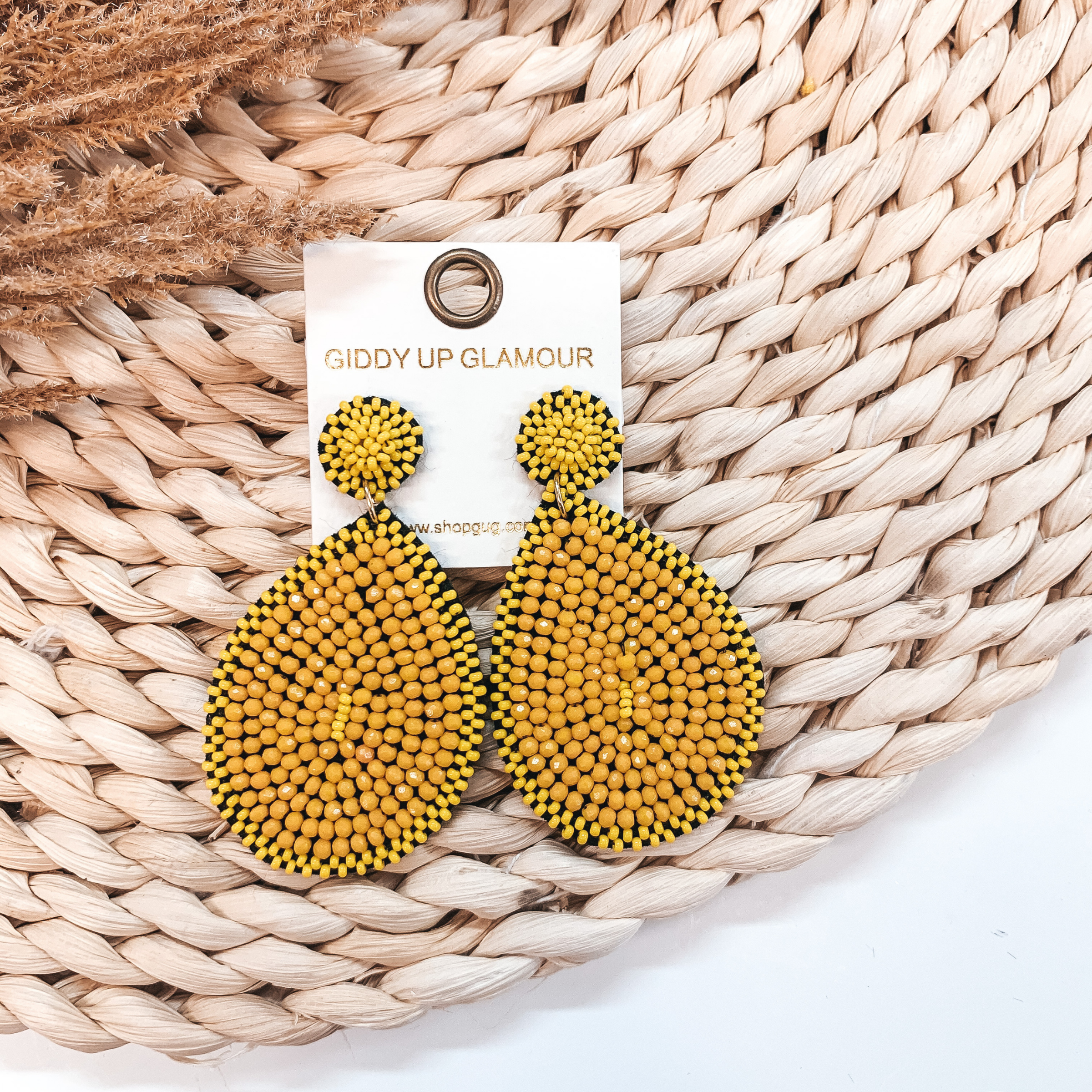 Crystal Beaded Circle Post Earrings with Large Teardrop Dangle in Yellow - Giddy Up Glamour Boutique