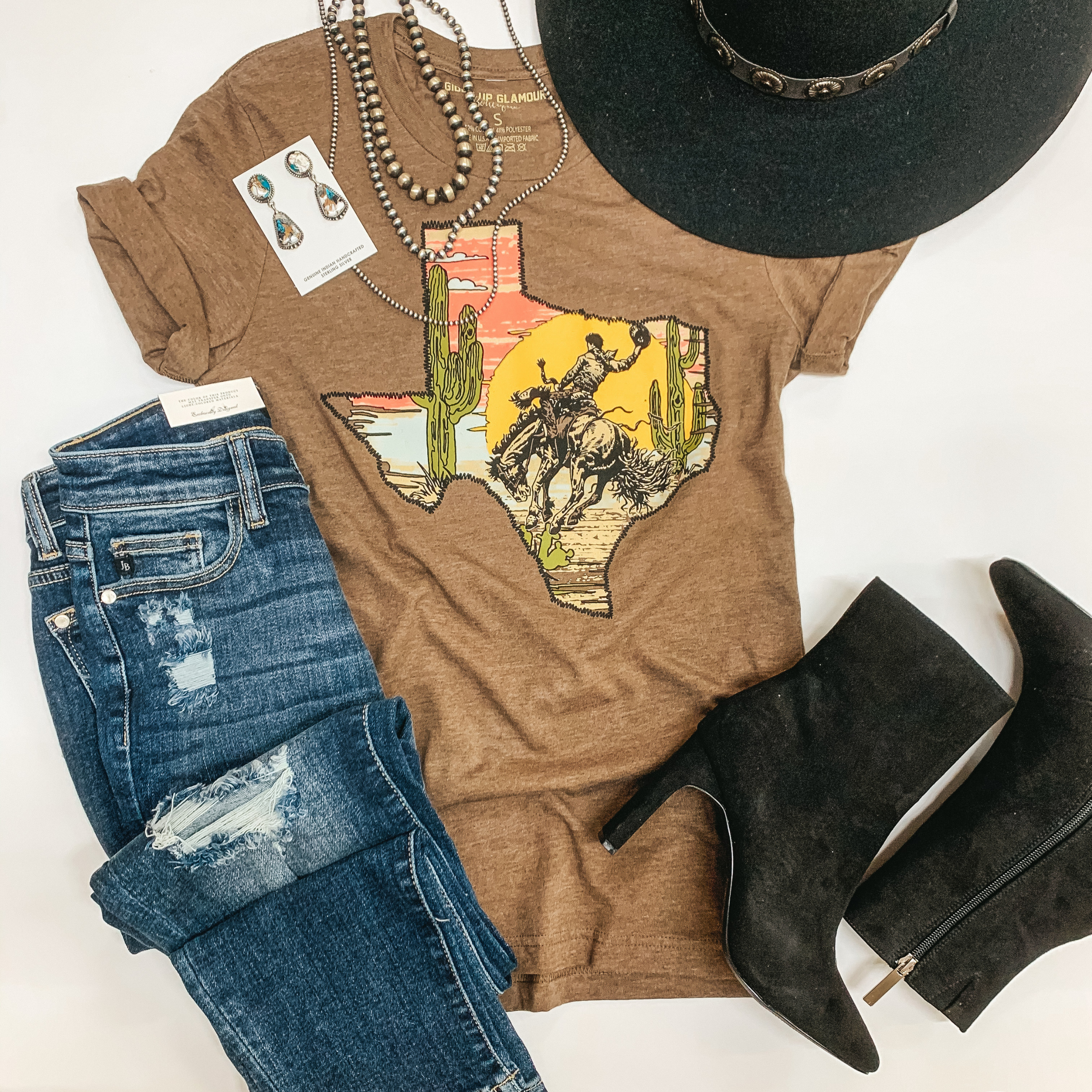 Wild West Saddle Bronc in Texas Inlay Graphic Tee in Heather Brown - Giddy Up Glamour Boutique