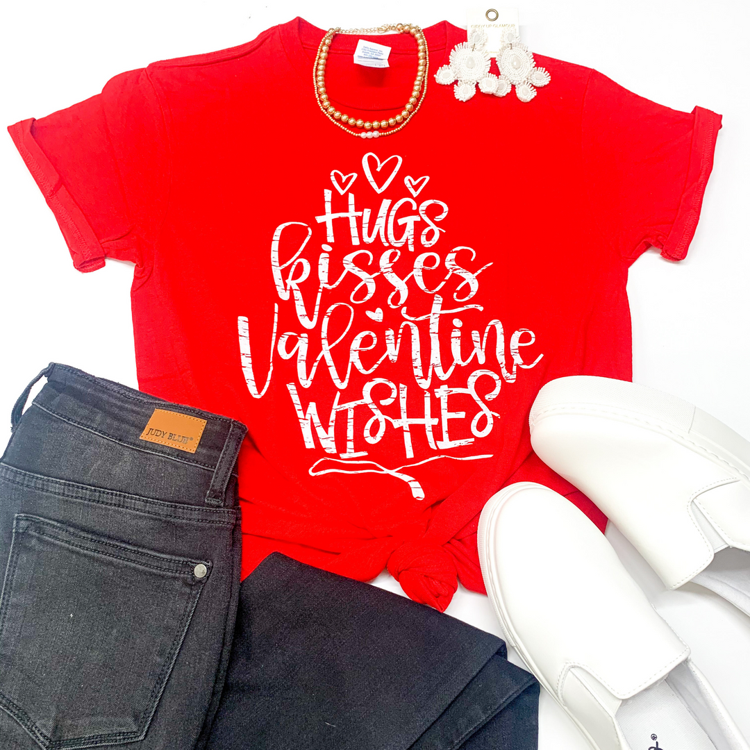 Hugs, Kisses, and Valentine Wishes Graphic Tee in Red - Giddy Up Glamour Boutique