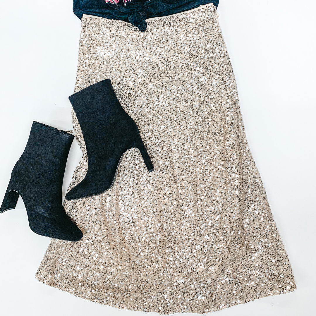 Beating Expectations Solid Sequin Midi Skirt in Ivory - Giddy Up Glamour Boutique