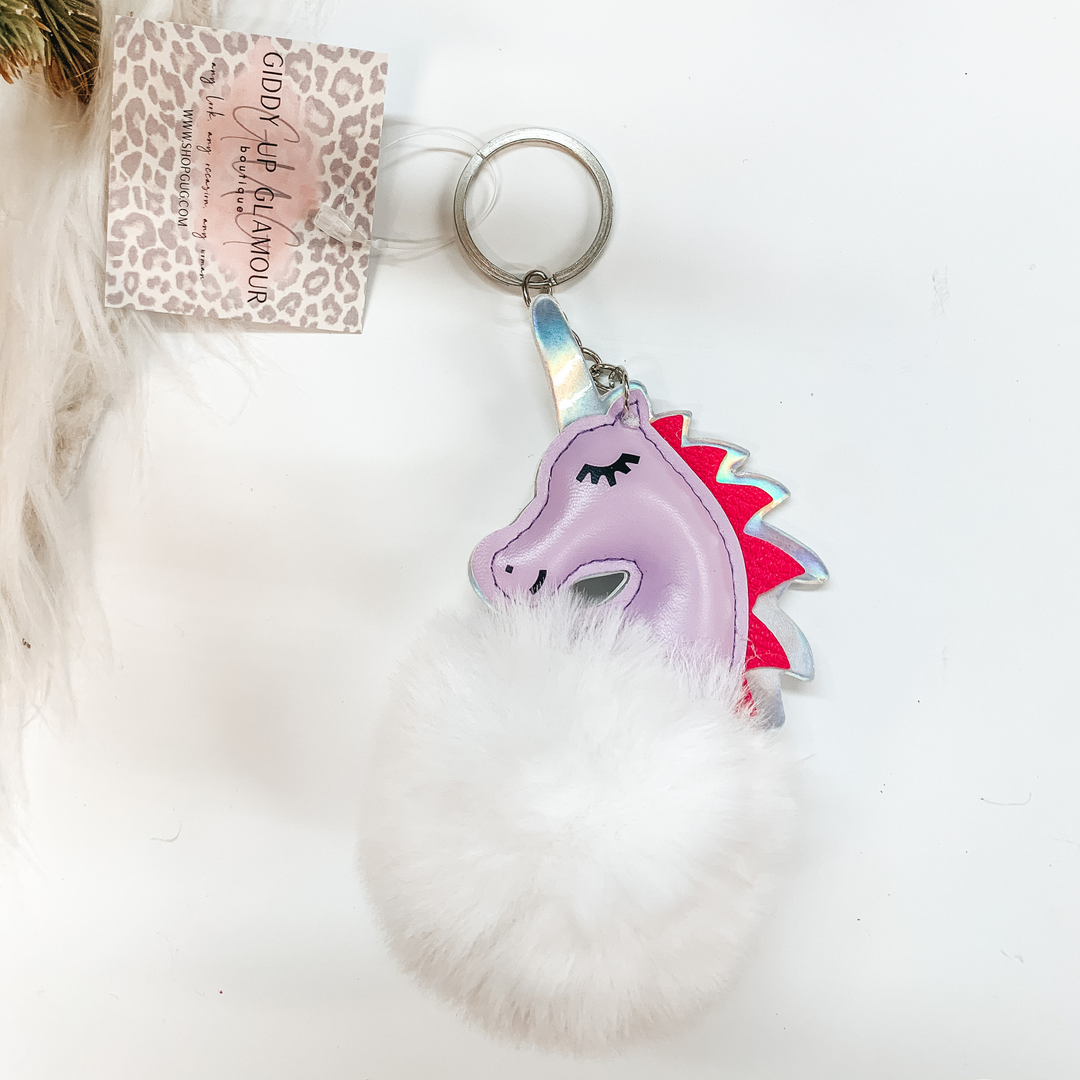 Buy 3 for $10 | Purple Unicorn Puff Ball Keychain - Giddy Up Glamour Boutique