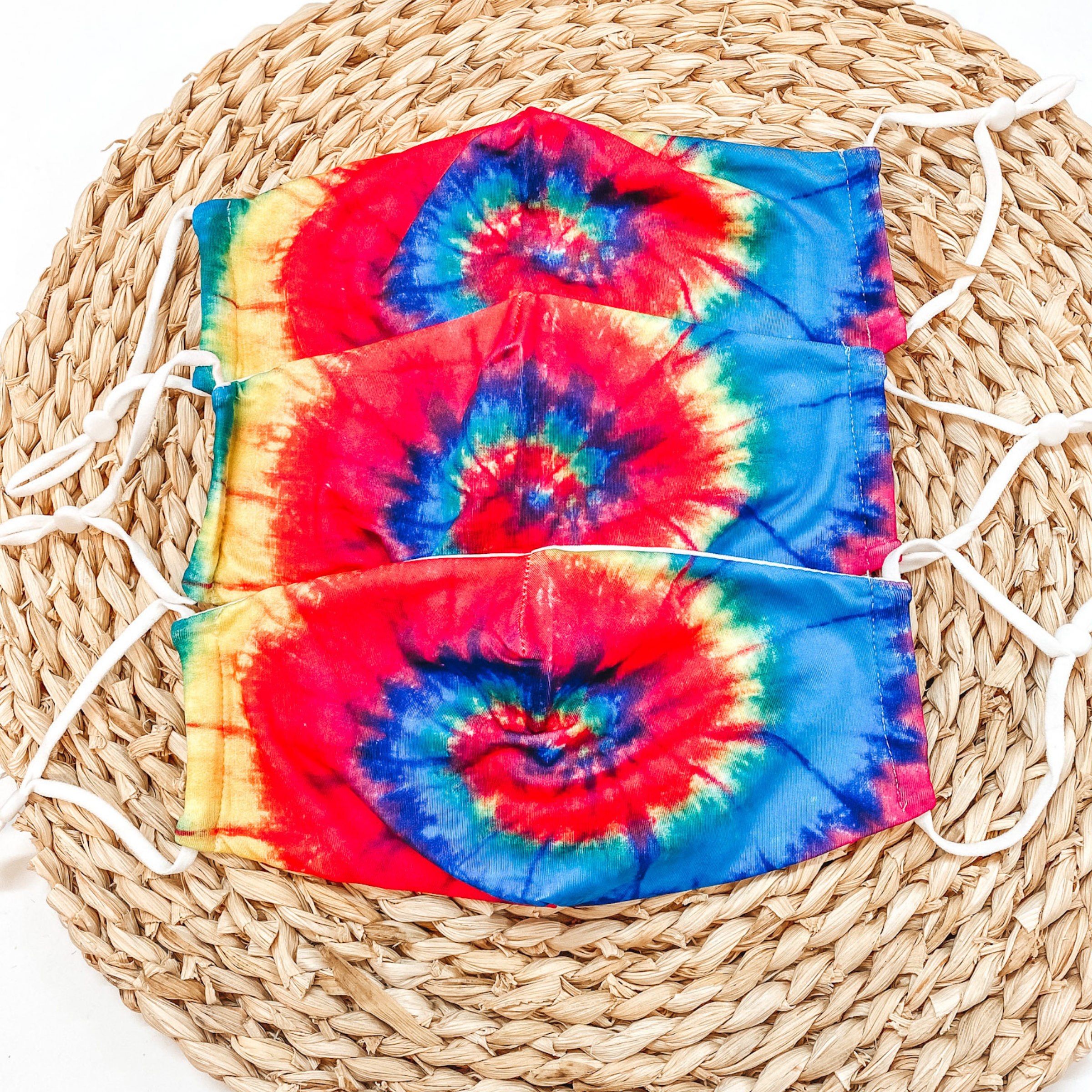 Safe and Sassy Face Covering in Rainbow Tie Dye with White Straps - Giddy Up Glamour Boutique