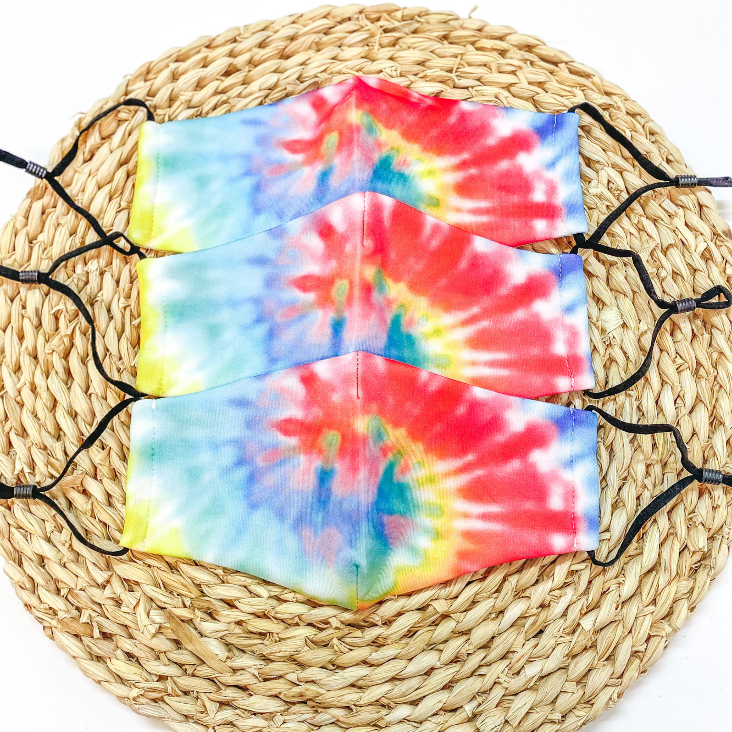 Safe and Sassy Face Covering in Rainbow Tie Dye with Black Straps - Giddy Up Glamour Boutique