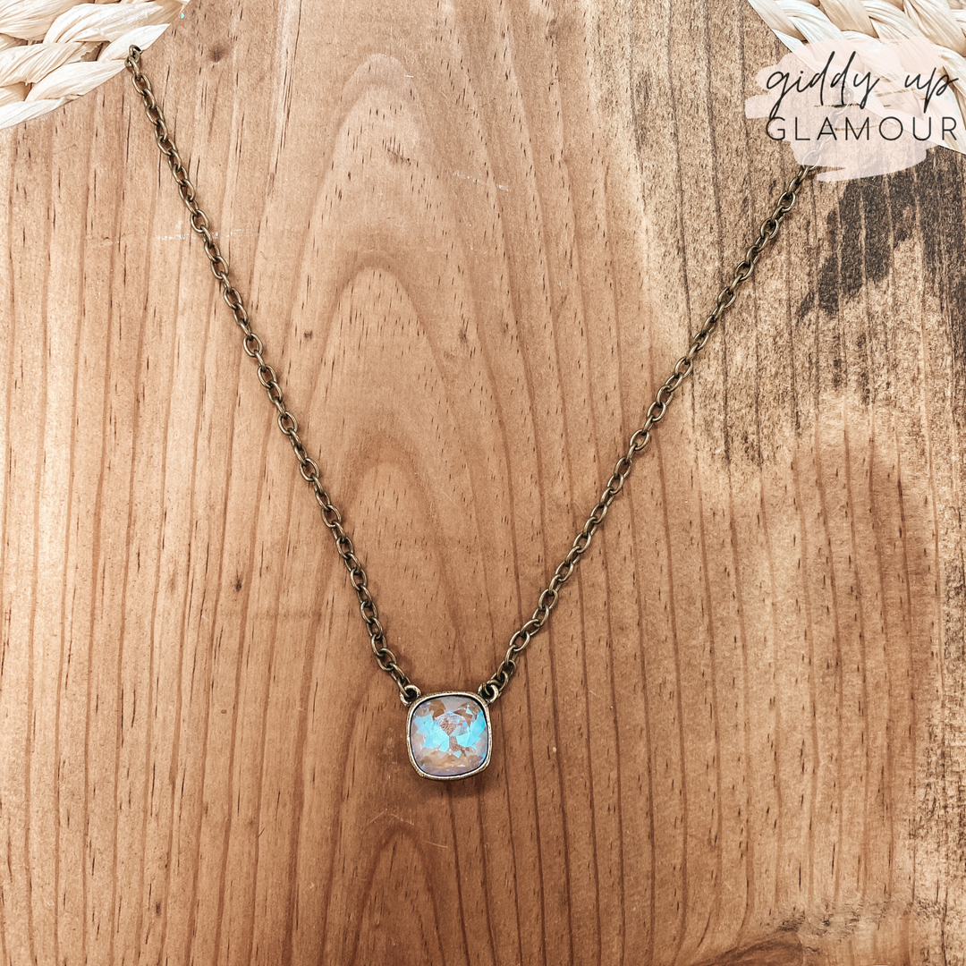 Pink Panache | Bronze Chain Necklace with Cushion Cut Crystal in Cappuccino - Giddy Up Glamour Boutique