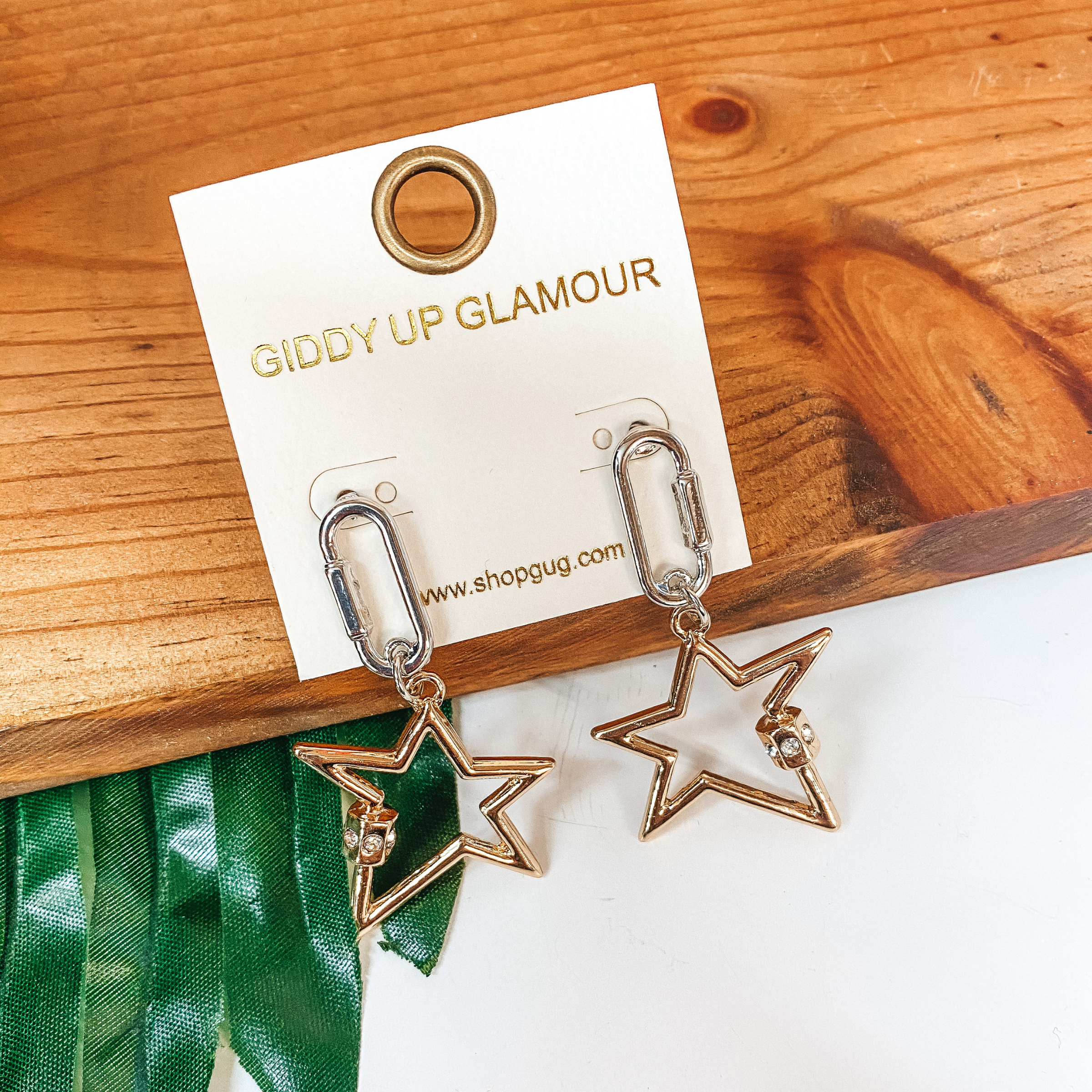 Catching Stars Star Dangle Earrings with Crystal Accents in Gold - Giddy Up Glamour Boutique