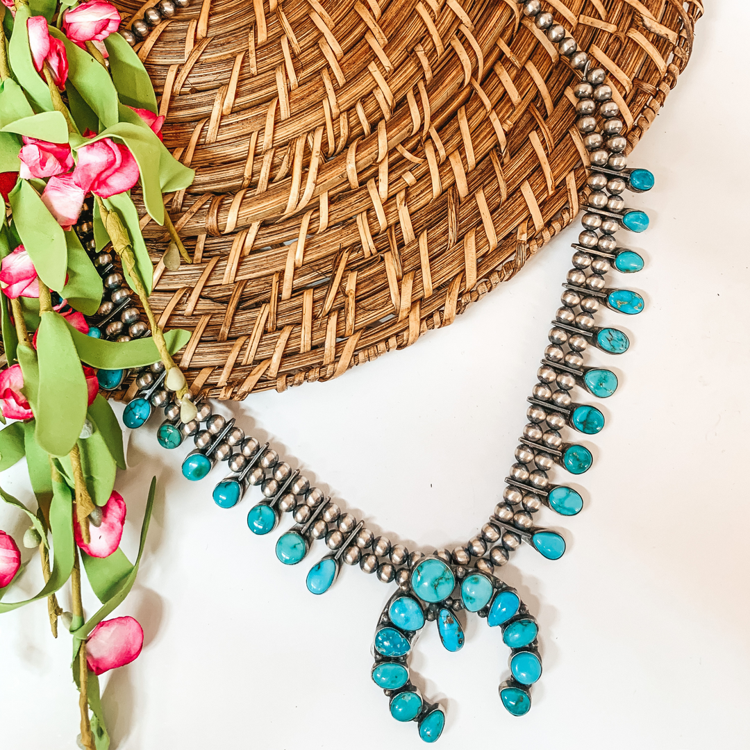 Sheryl Martinez | Navajo Handmade Sterling Silver Navajo Pearl and Kingman Turquoise Squash + Naja Necklace - Giddy Up Glamour Boutique