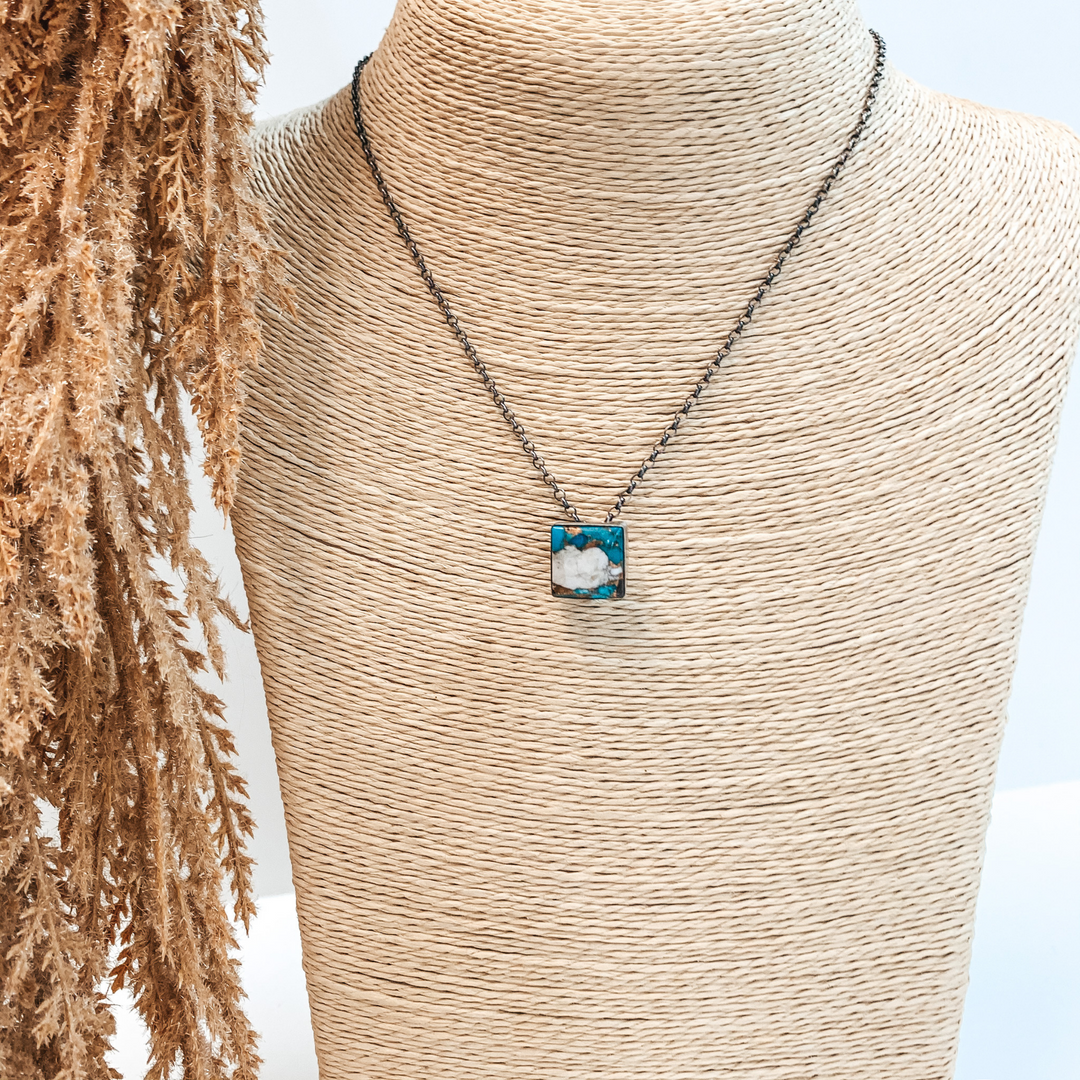 Vernon Kee | Navajo Handmade Sterling Silver Chain Necklace with Multi Spiny Turquoise Square Pendant - Giddy Up Glamour Boutique