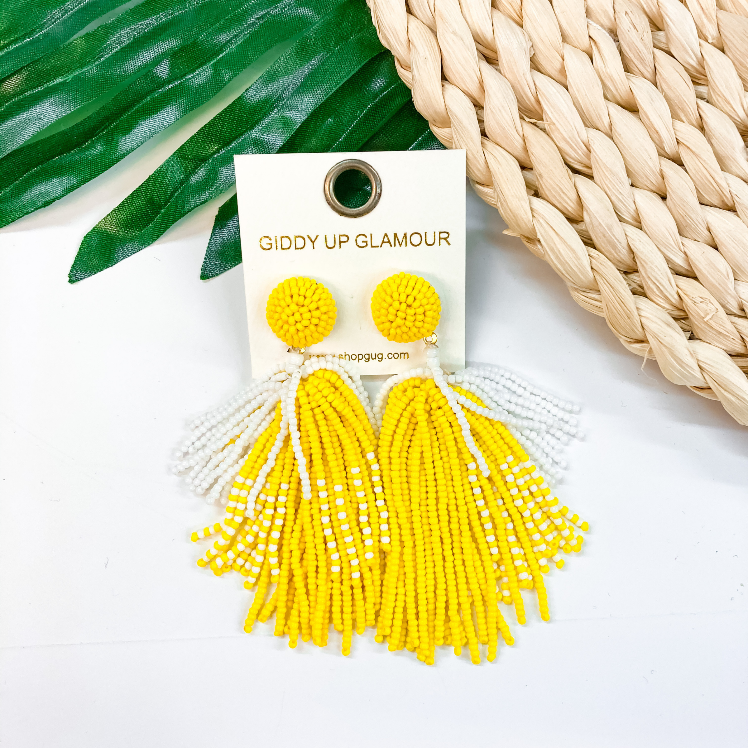 Seed Bead Tassel Earrings In Yellow and White - Giddy Up Glamour Boutique