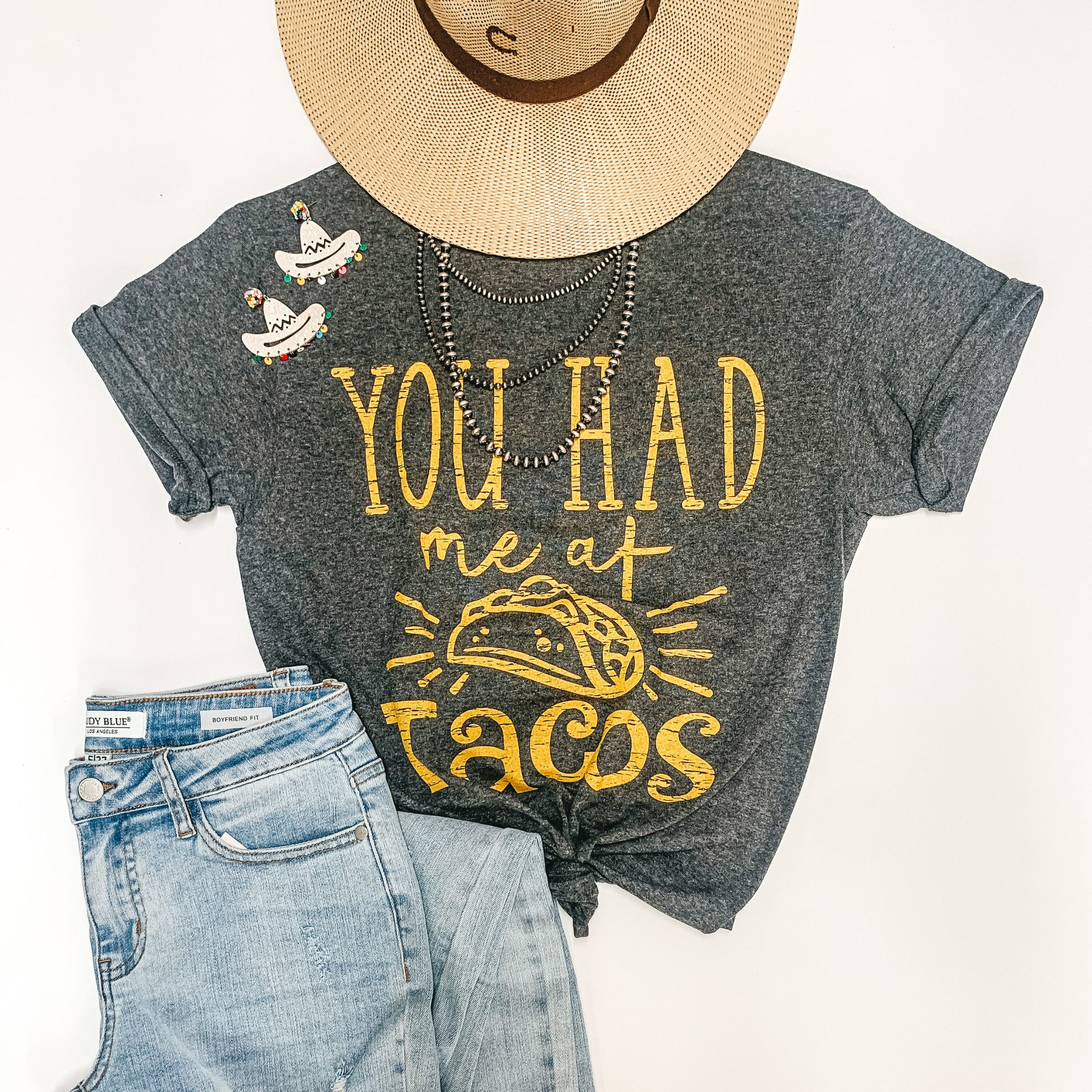 You Had Me at Tacos Short Sleeve Graphic Tee in Charcoal Grey - Giddy Up Glamour Boutique