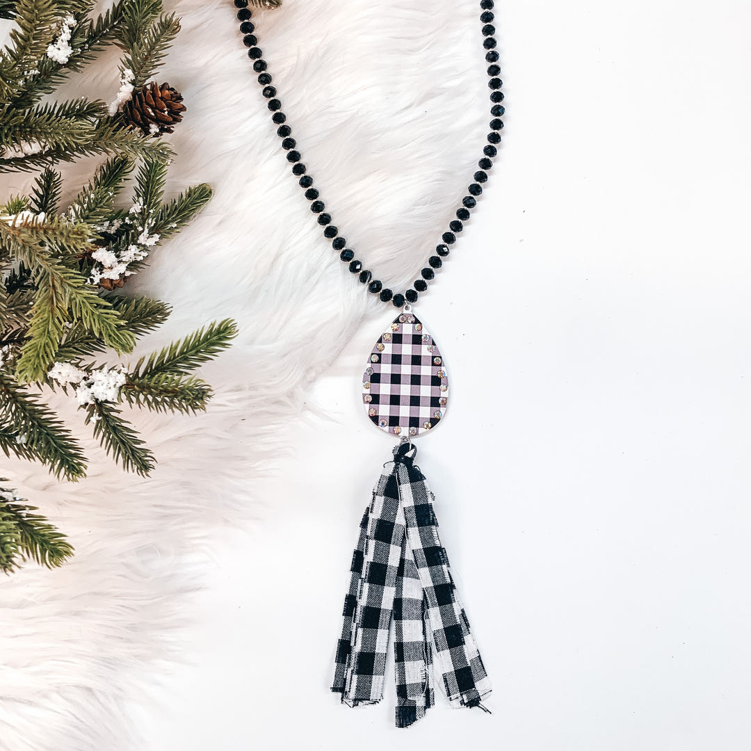Crystal Beaded Necklace with Buffalo Plaid Teardrop Pendant and Tassel in Black - Giddy Up Glamour Boutique