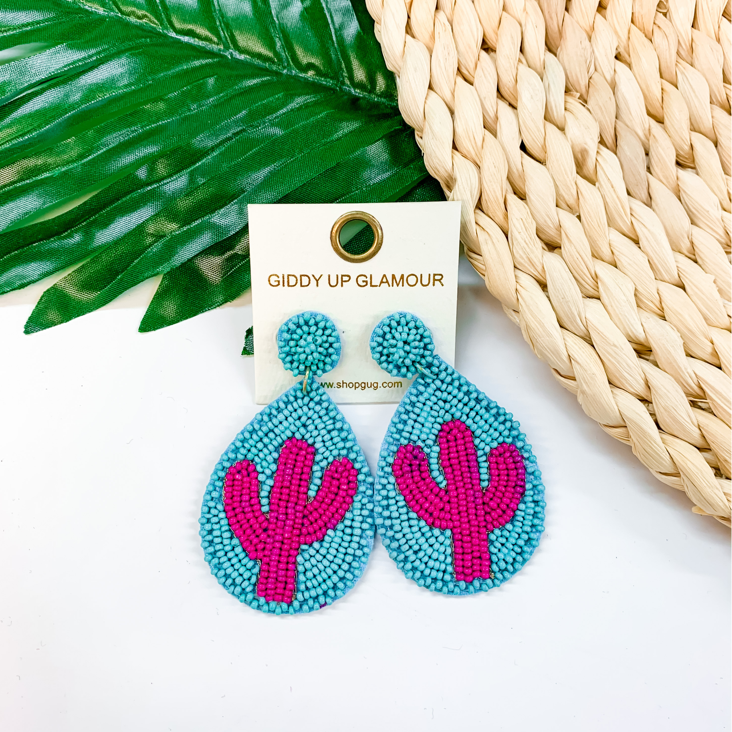 Lookin' Sharp Seed Bead Cactus Teardrop Earrings In Turquoise and Fuchsia - Giddy Up Glamour Boutique