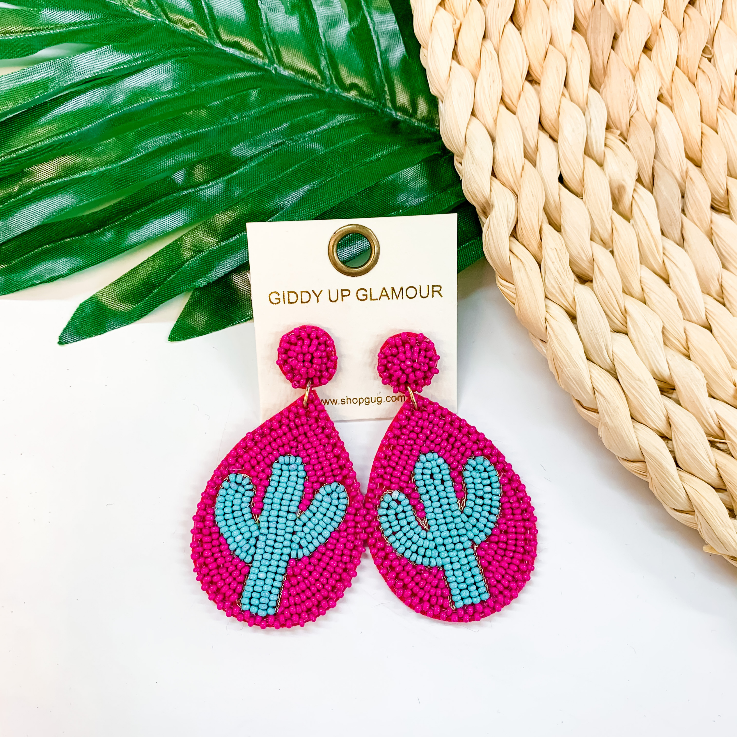 Lookin' Sharp Seed Bead Cactus Teardrop Earrings In Fuchsia and Turquoise - Giddy Up Glamour Boutique