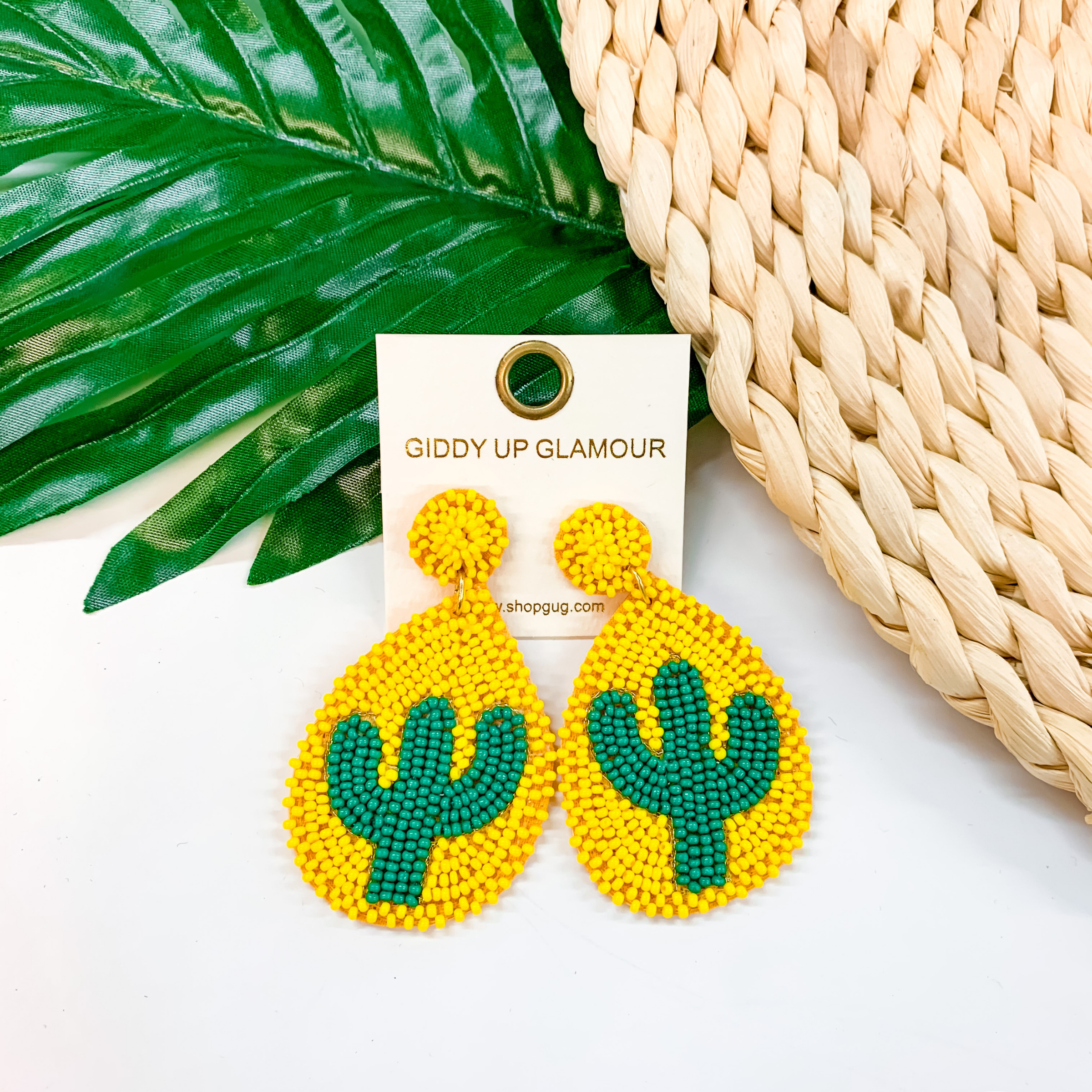 Lookin' Sharp Seed Bead Cactus Teardrop Earrings In Yellow and Green - Giddy Up Glamour Boutique