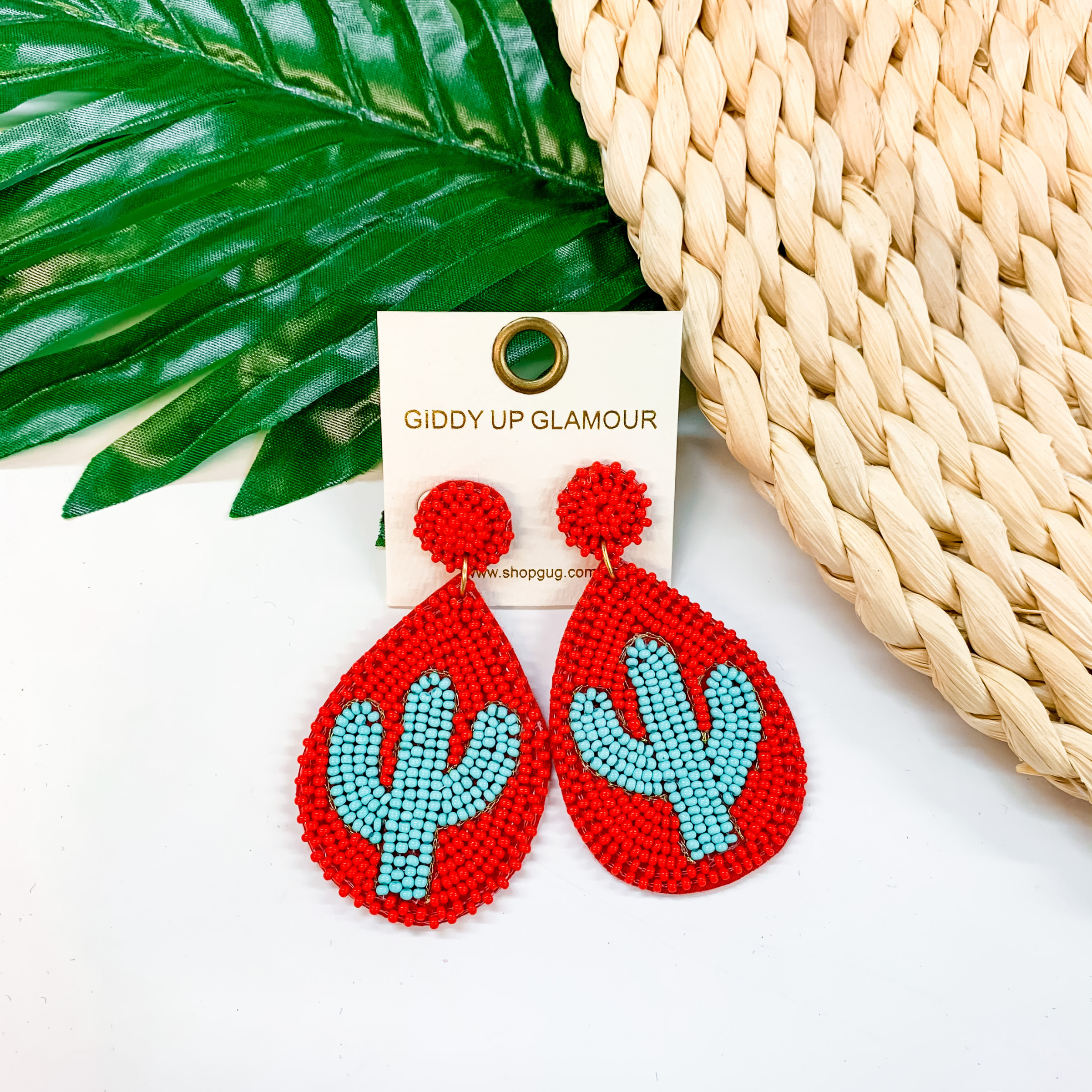 Lookin' Sharp Seed Bead Cactus Teardrop Earrings In Red and Turquoise - Giddy Up Glamour Boutique