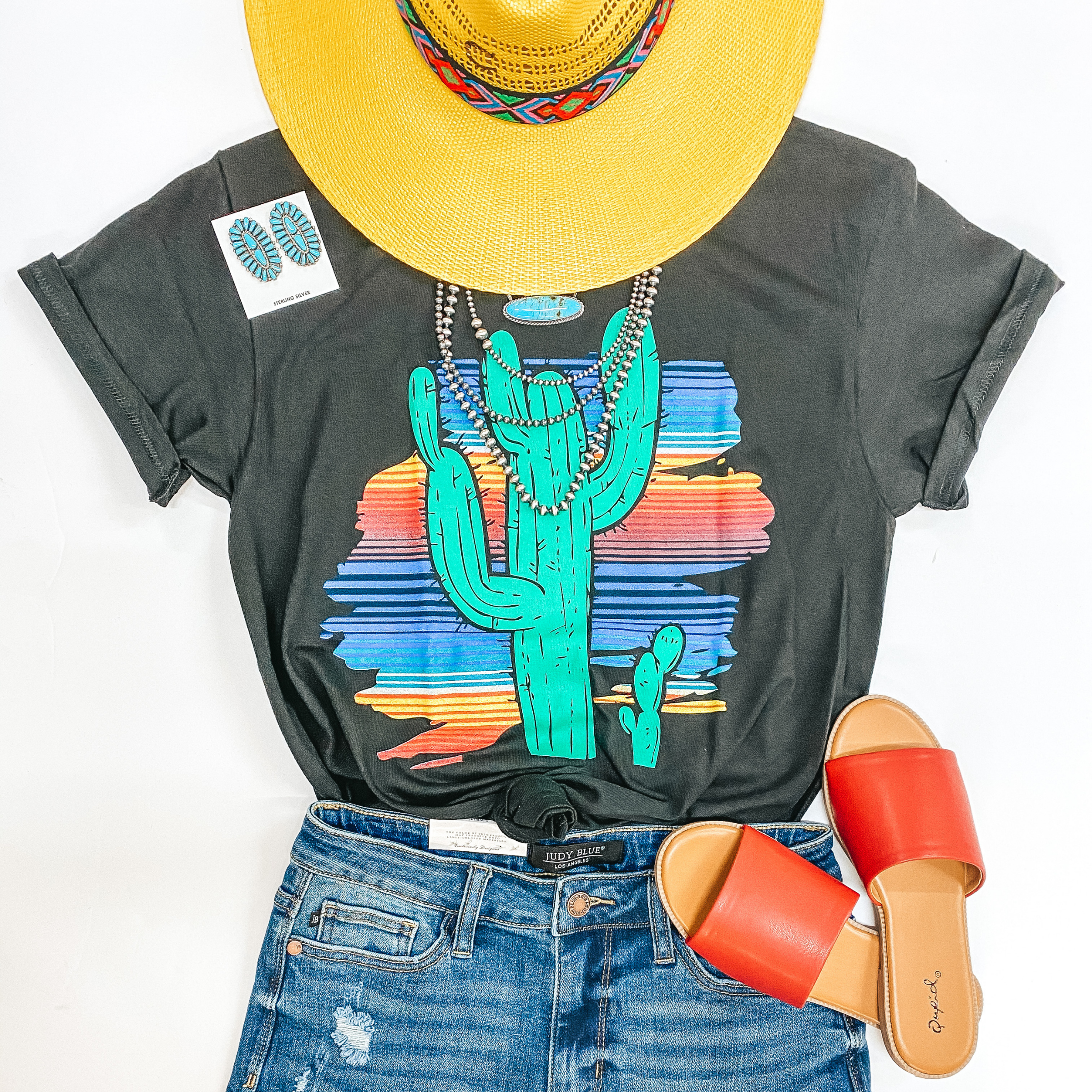 Desert Muse Saguaro and Serape Short Sleeve Graphic Tee in Black - Giddy Up Glamour Boutique
