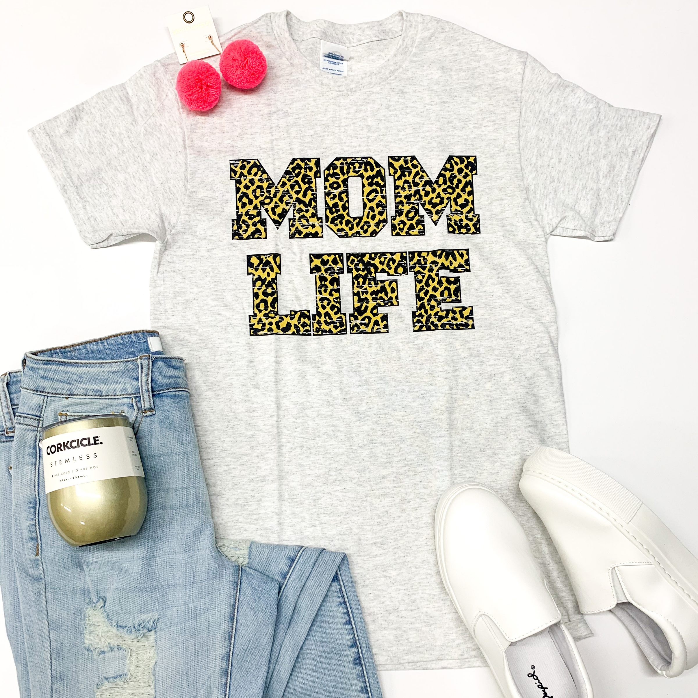 Mom Life Leopard Graphic Tee in Heather Grey - Giddy Up Glamour Boutique