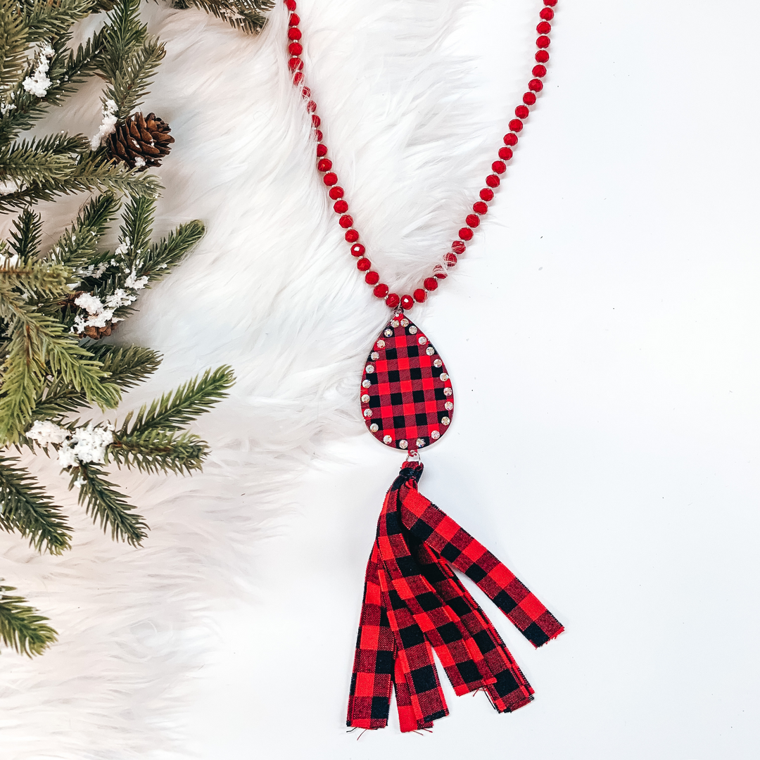 Crystal Beaded Necklace with Buffalo Plaid Teardrop Pendant and Tassel in Red - Giddy Up Glamour Boutique