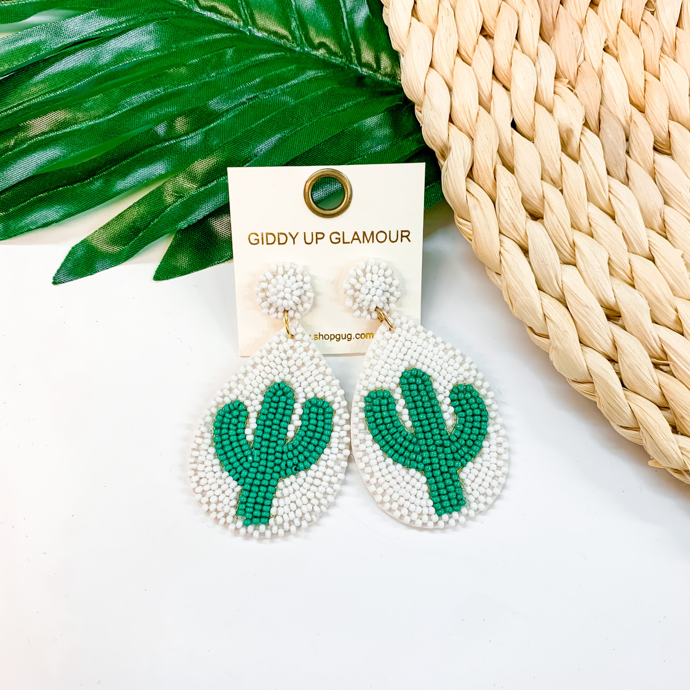 Lookin' Sharp Seed Bead Cactus Teardrop Earrings In White and Green - Giddy Up Glamour Boutique