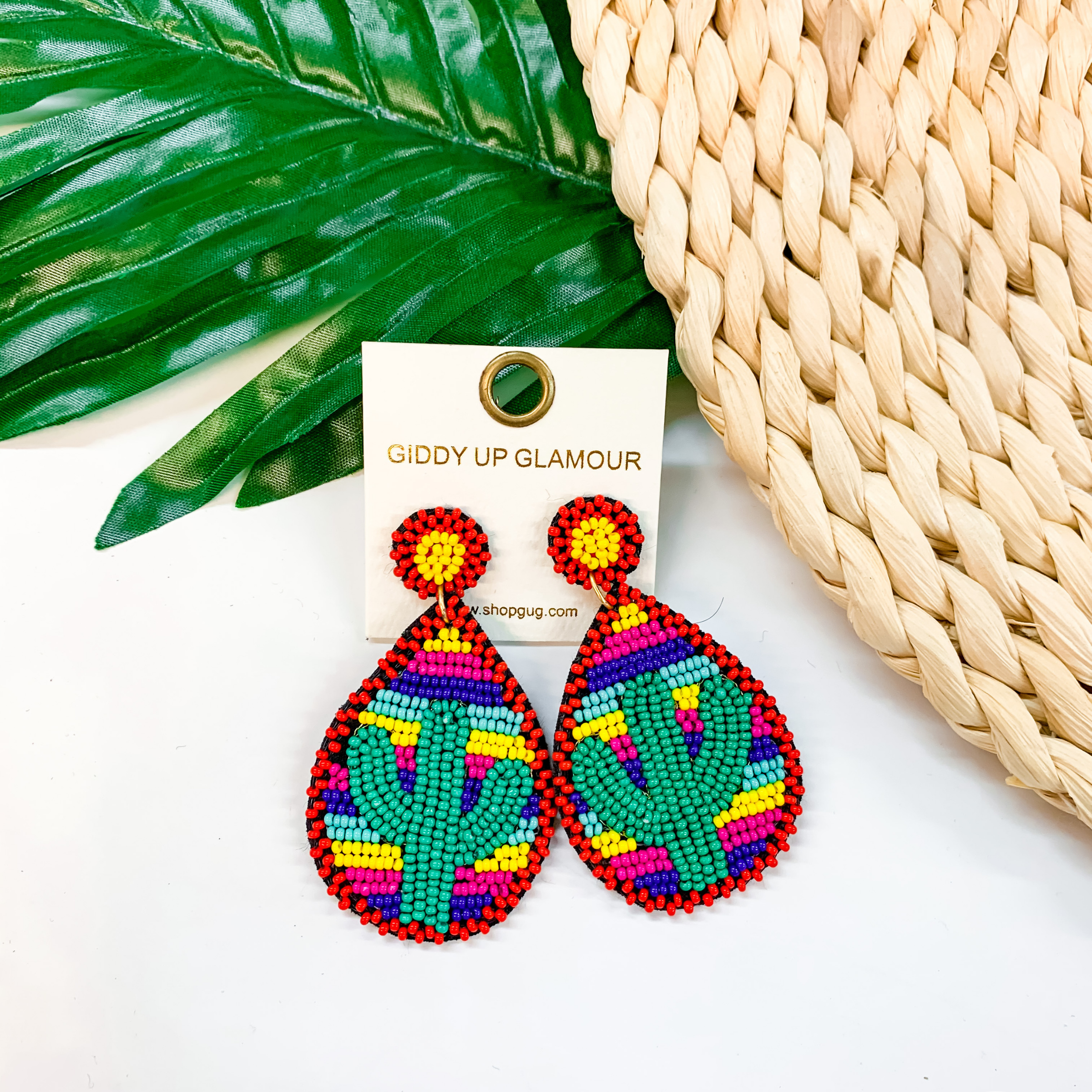 Lookin' Sharp Seed Bead Cactus Teardrop Earrings In Red Serape and Green - Giddy Up Glamour Boutique
